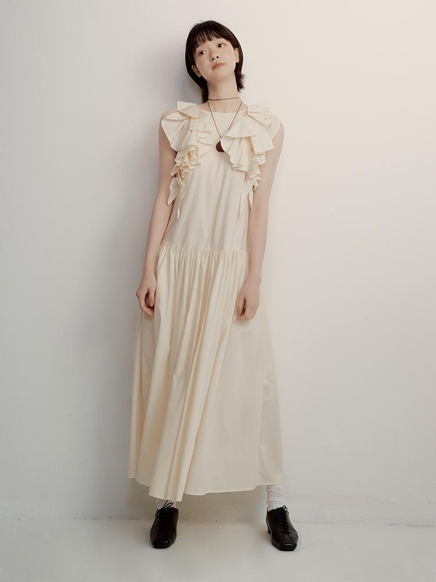 FUSSED Tencel Cotton Blend Creme A Line Dress With Asymmetric Hem