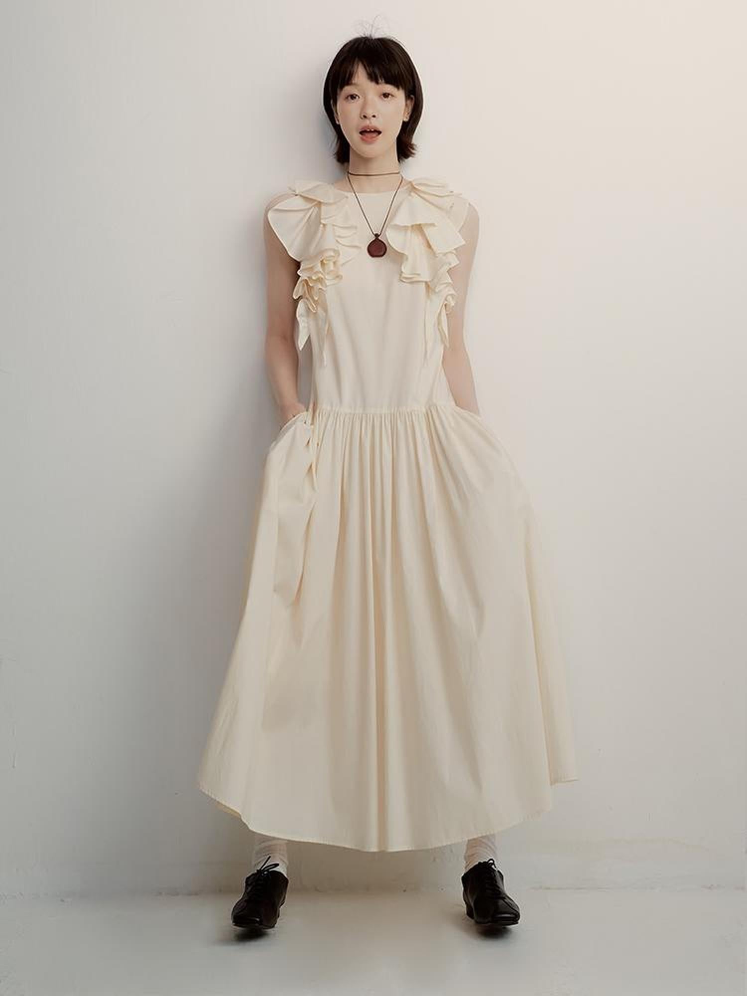 FUSSED Tencel Cotton Blend Creme A Line Dress With Asymmetric Hem