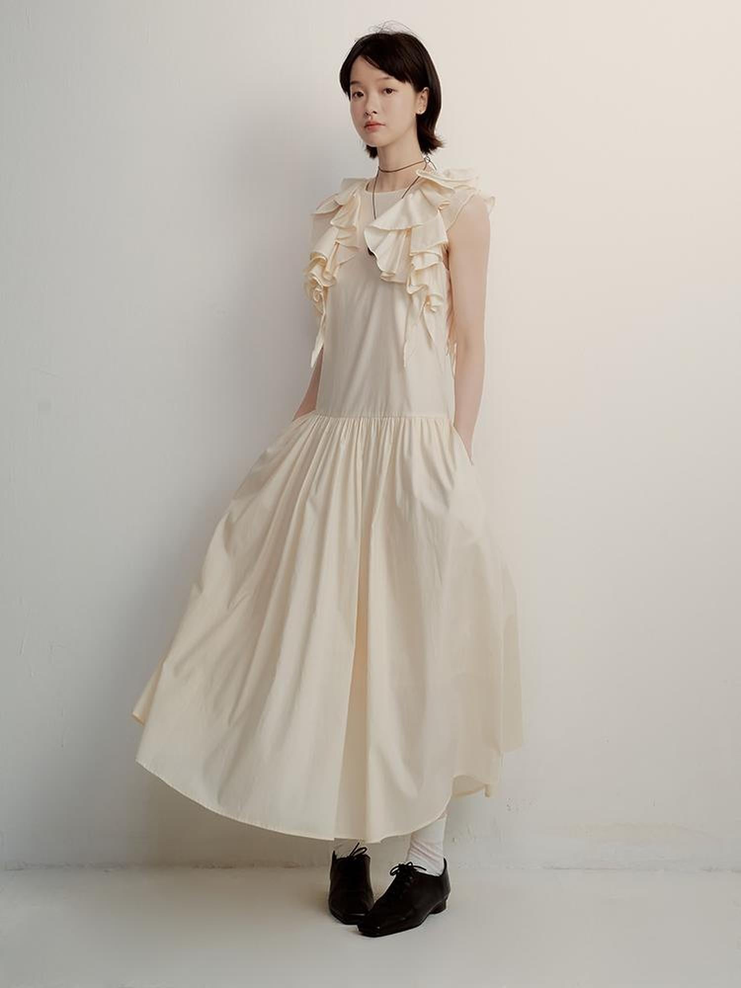 FUSSED Tencel Cotton Blend Creme A Line Dress With Asymmetric Hem