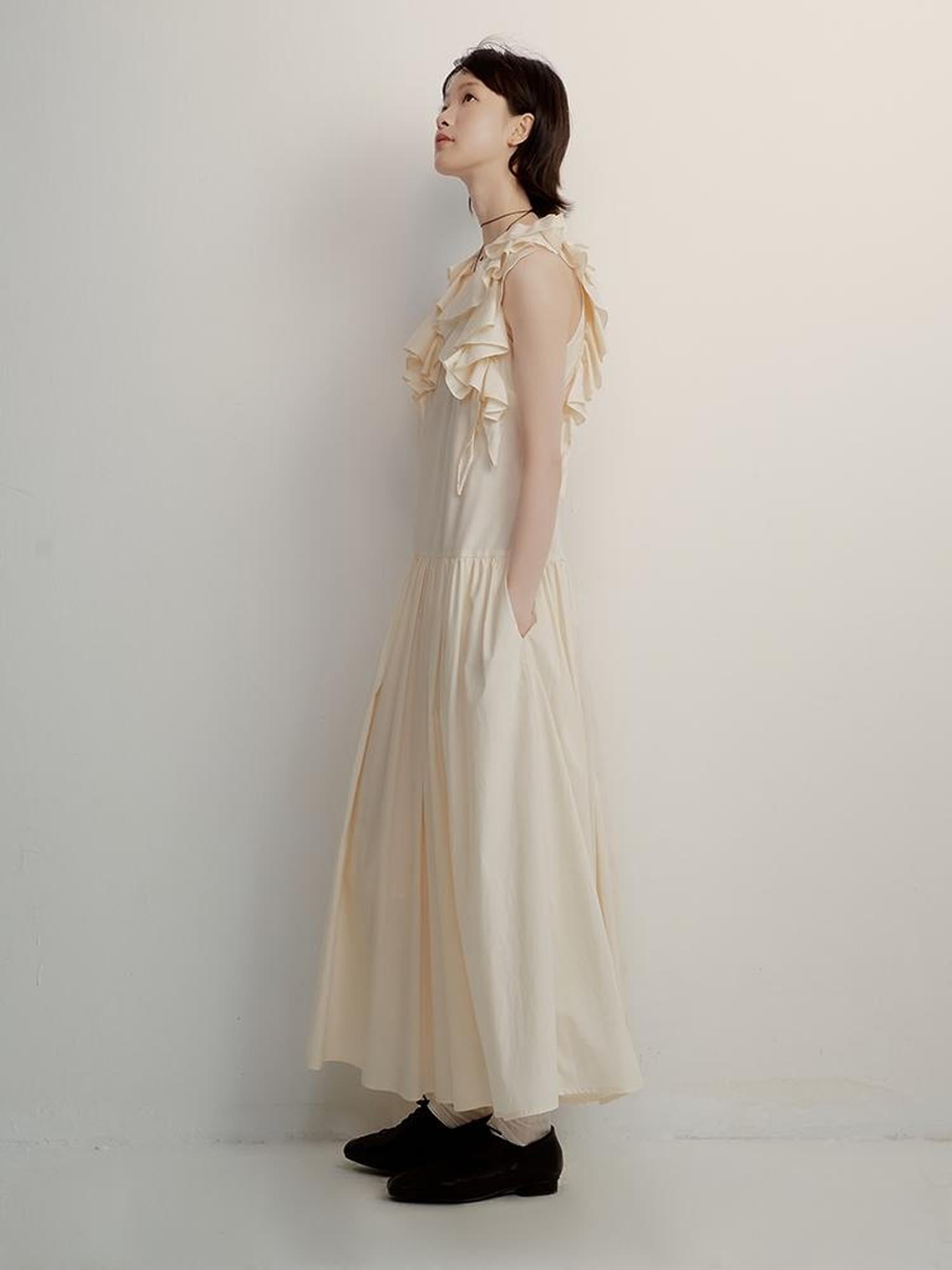 FUSSED Tencel Cotton Blend Creme A Line Dress With Asymmetric Hem