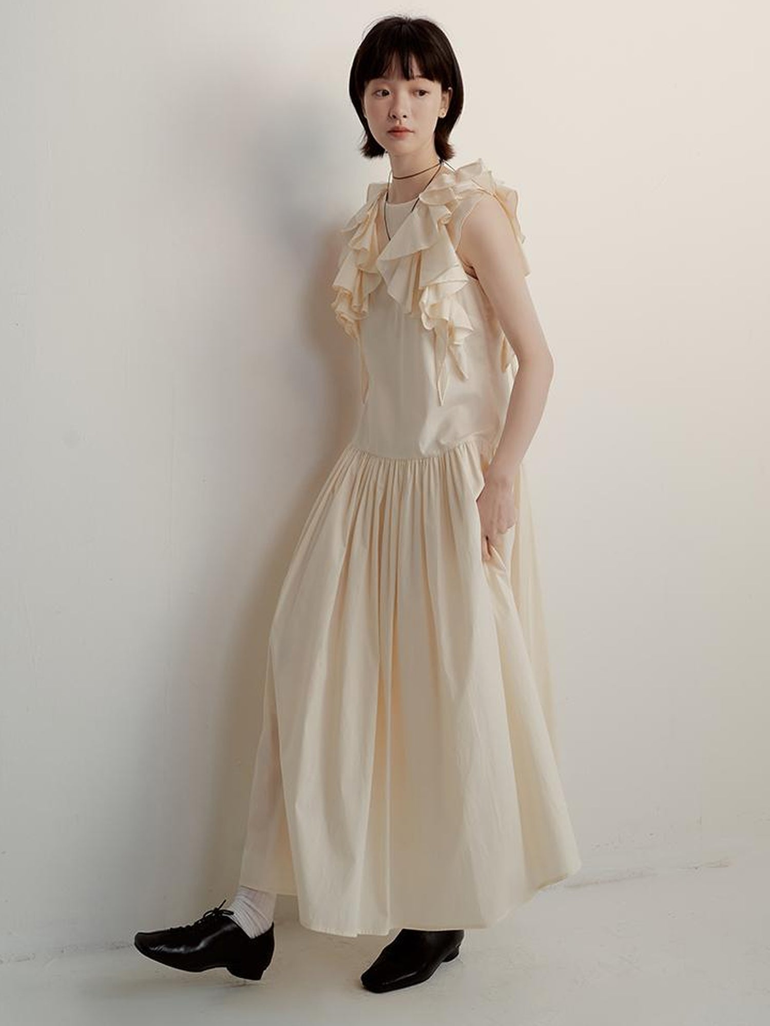 FUSSED Tencel Cotton Blend Creme A Line Dress With Asymmetric Hem