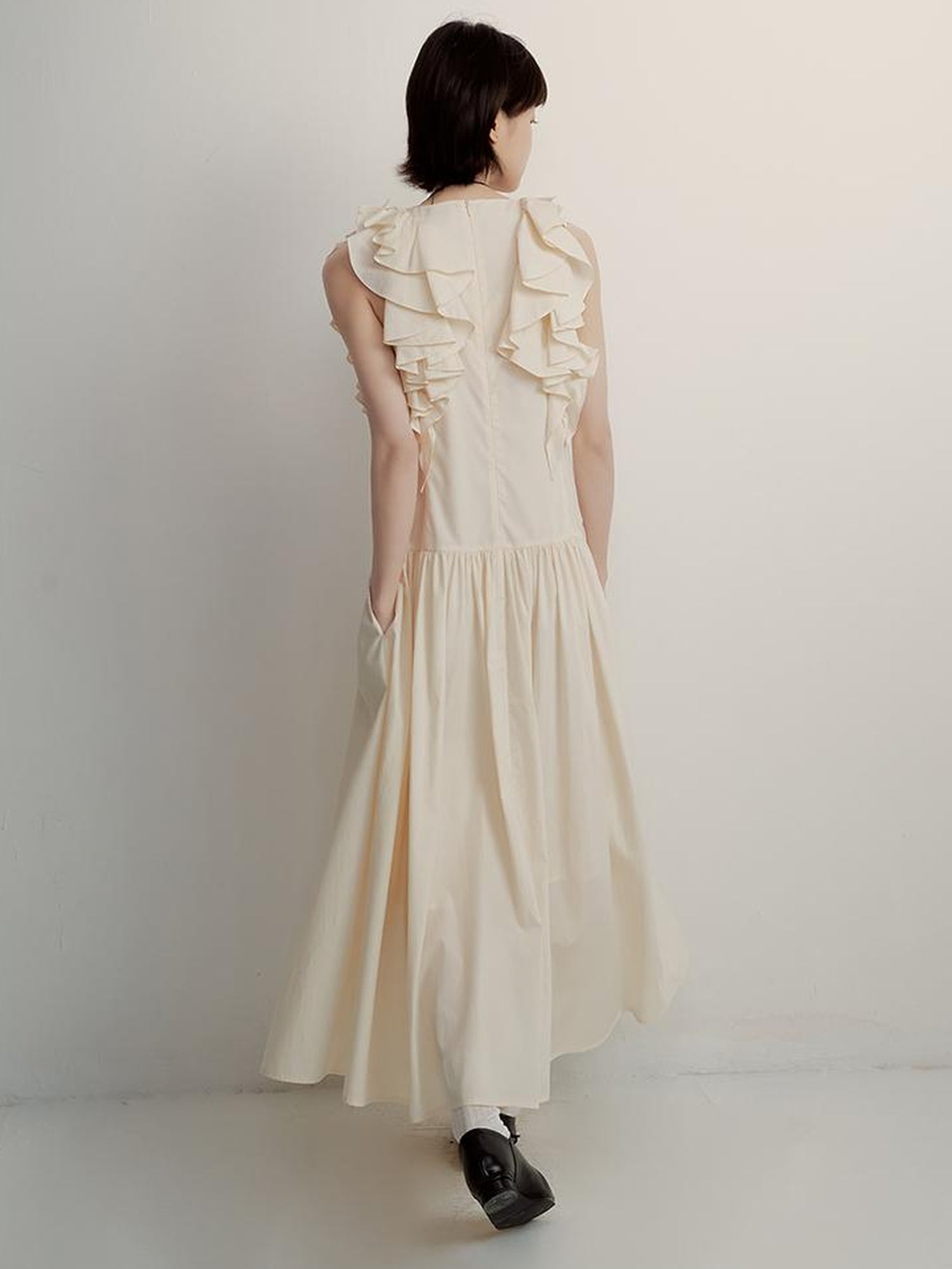 FUSSED Tencel Cotton Blend Creme A Line Dress With Asymmetric Hem