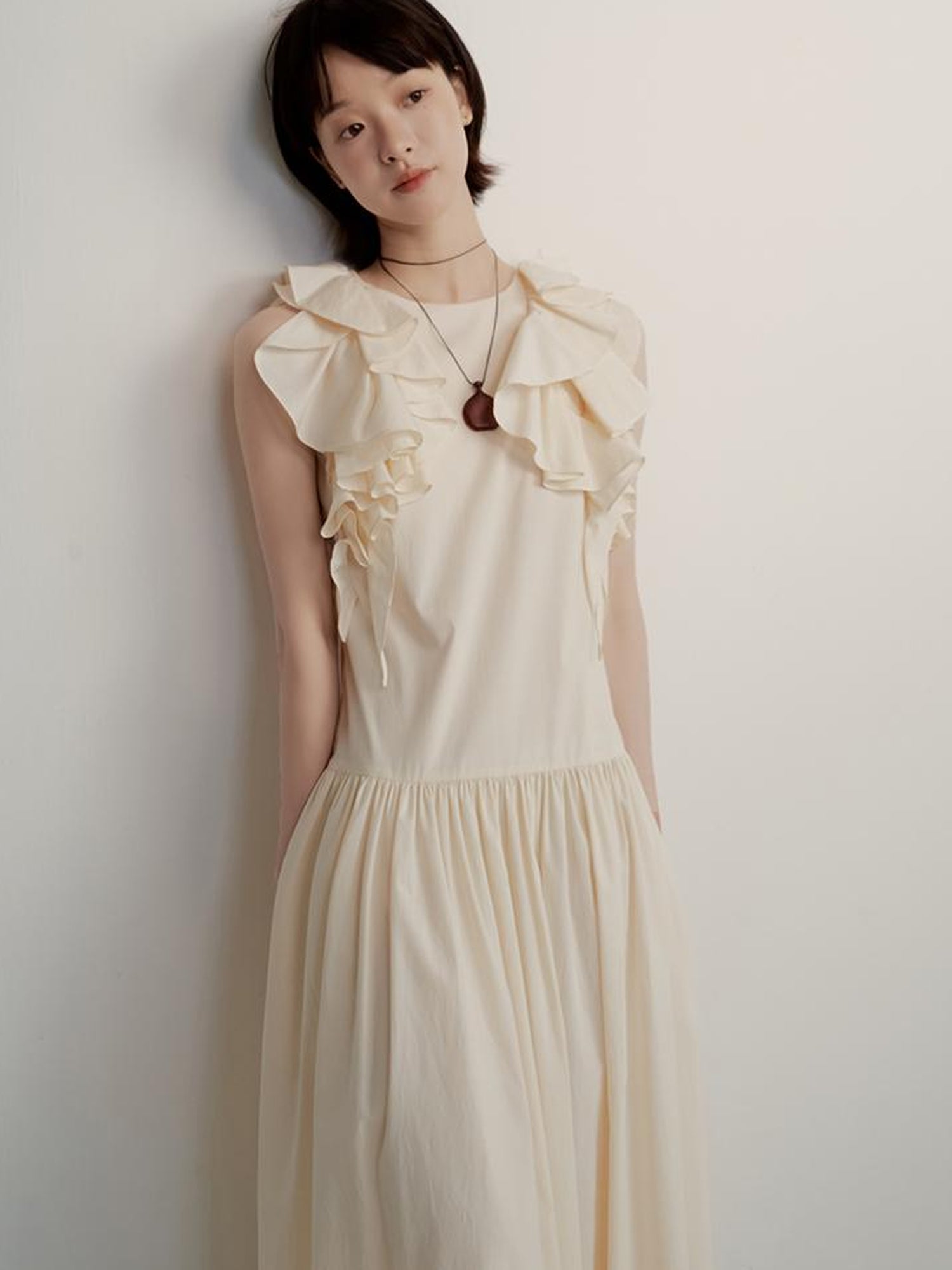 FUSSED Tencel Cotton Blend Creme A Line Dress With Asymmetric Hem