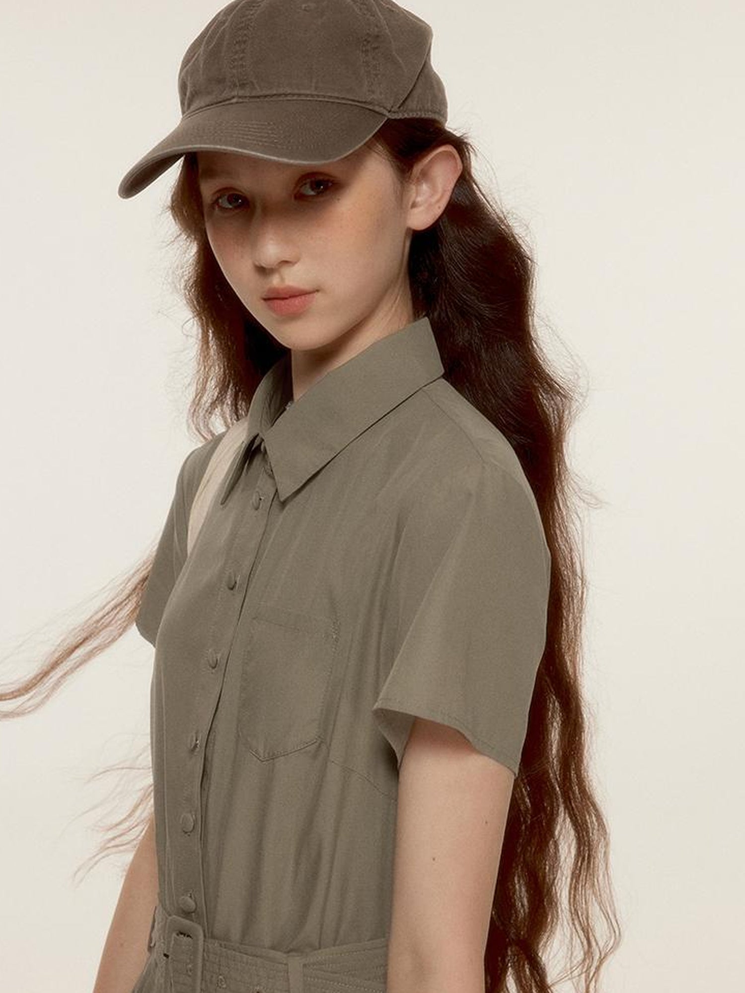 FUSSED Tencel Cotton Blend Olive Green Pleated Polo Shirt Dress