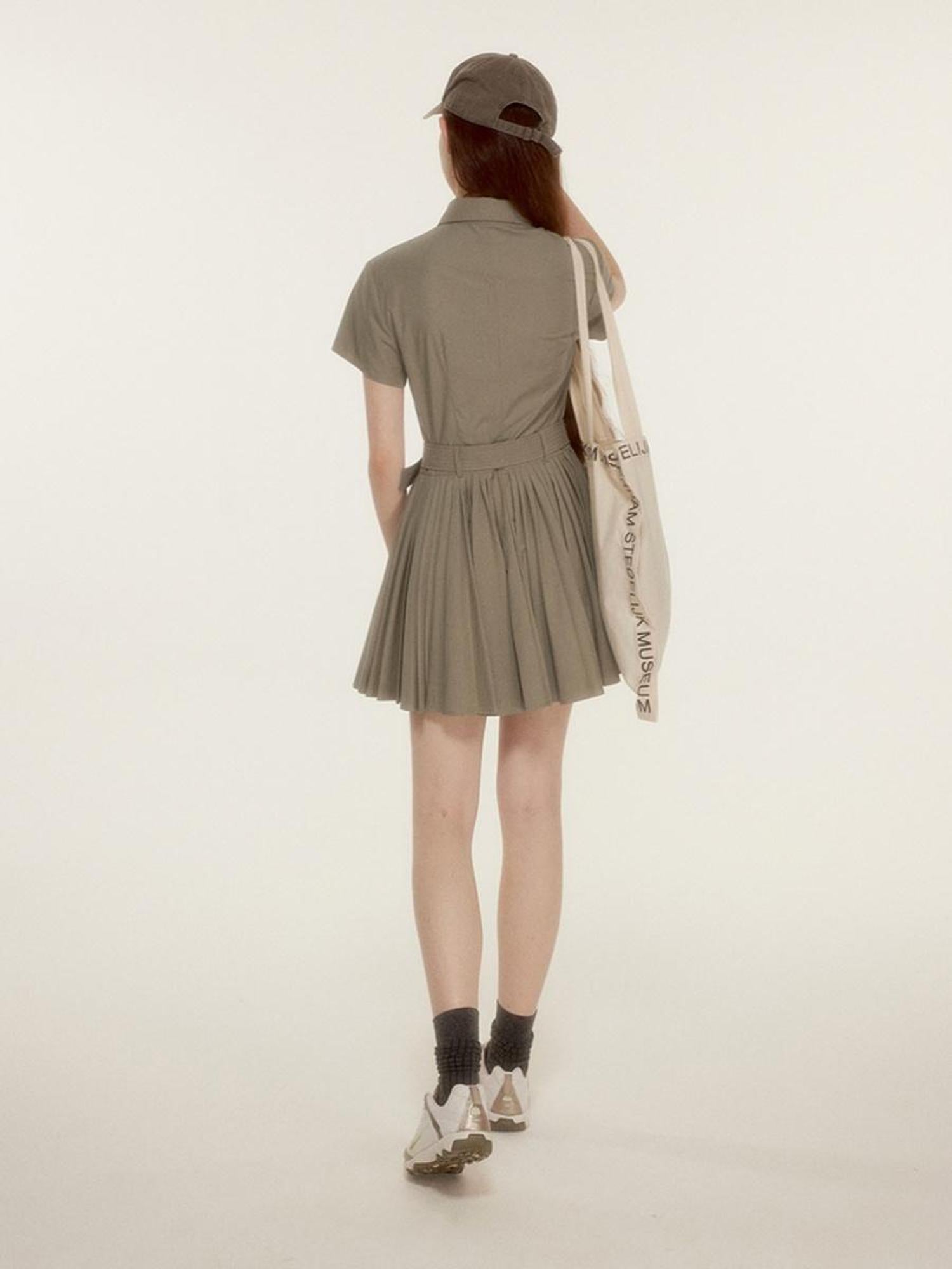 FUSSED Tencel Cotton Blend Olive Green Pleated Polo Shirt Dress