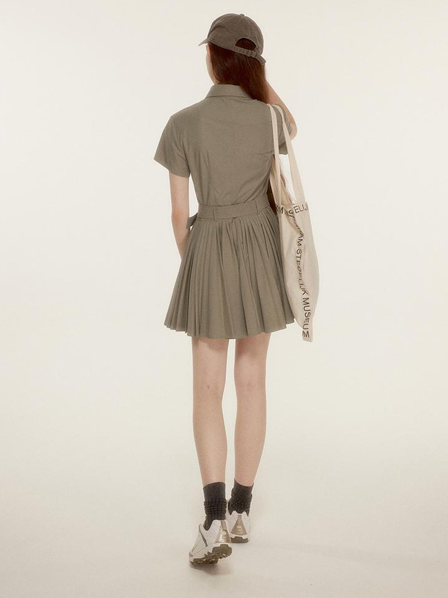 FUSSED Tencel Cotton Blend Olive Green Pleated Polo Shirt Dress