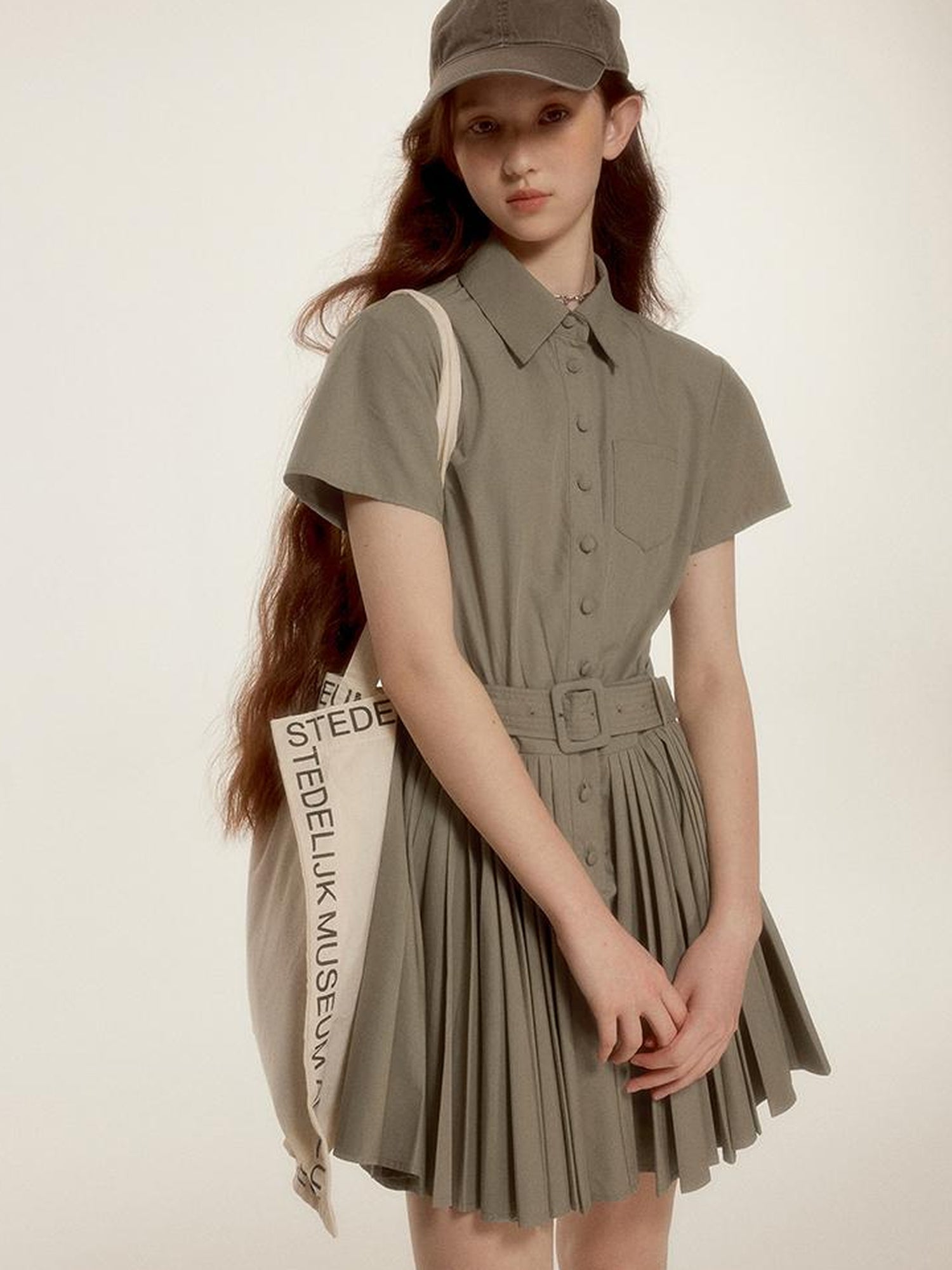 FUSSED Tencel Cotton Blend Olive Green Pleated Polo Shirt Dress