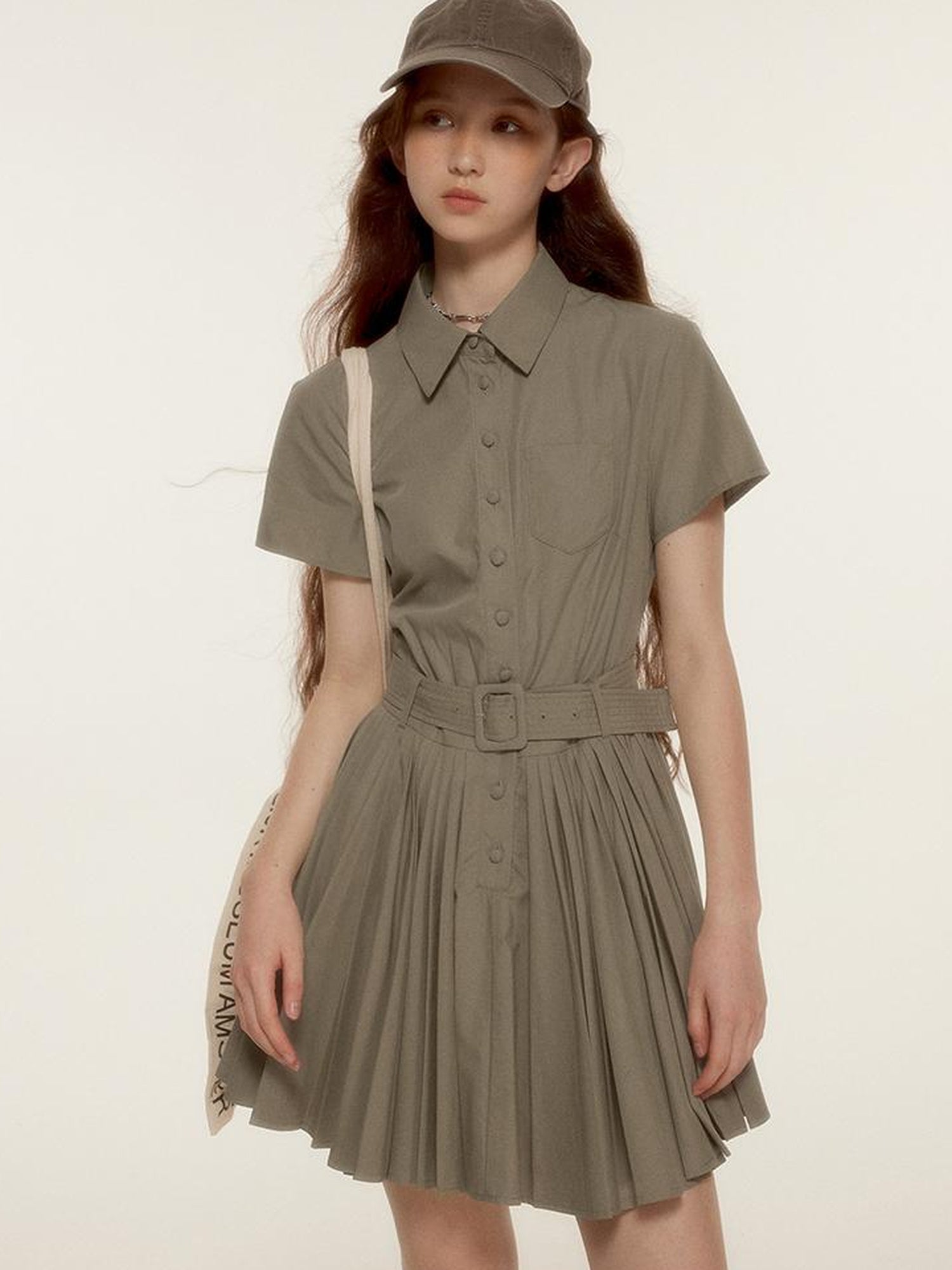 FUSSED Tencel Cotton Blend Olive Green Pleated Polo Shirt Dress