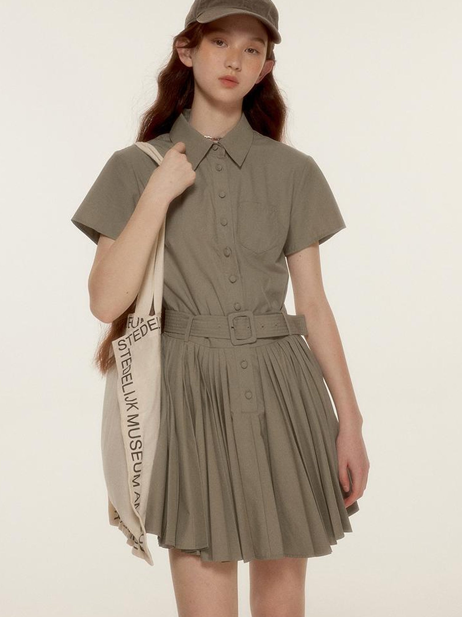 FUSSED Tencel Cotton Blend Olive Green Pleated Polo Shirt Dress