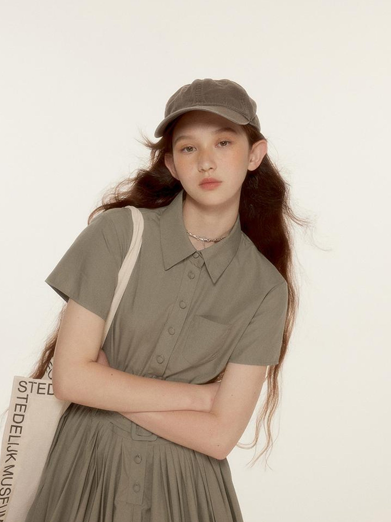 FUSSED Tencel Cotton Blend Olive Green Pleated Polo Shirt Dress