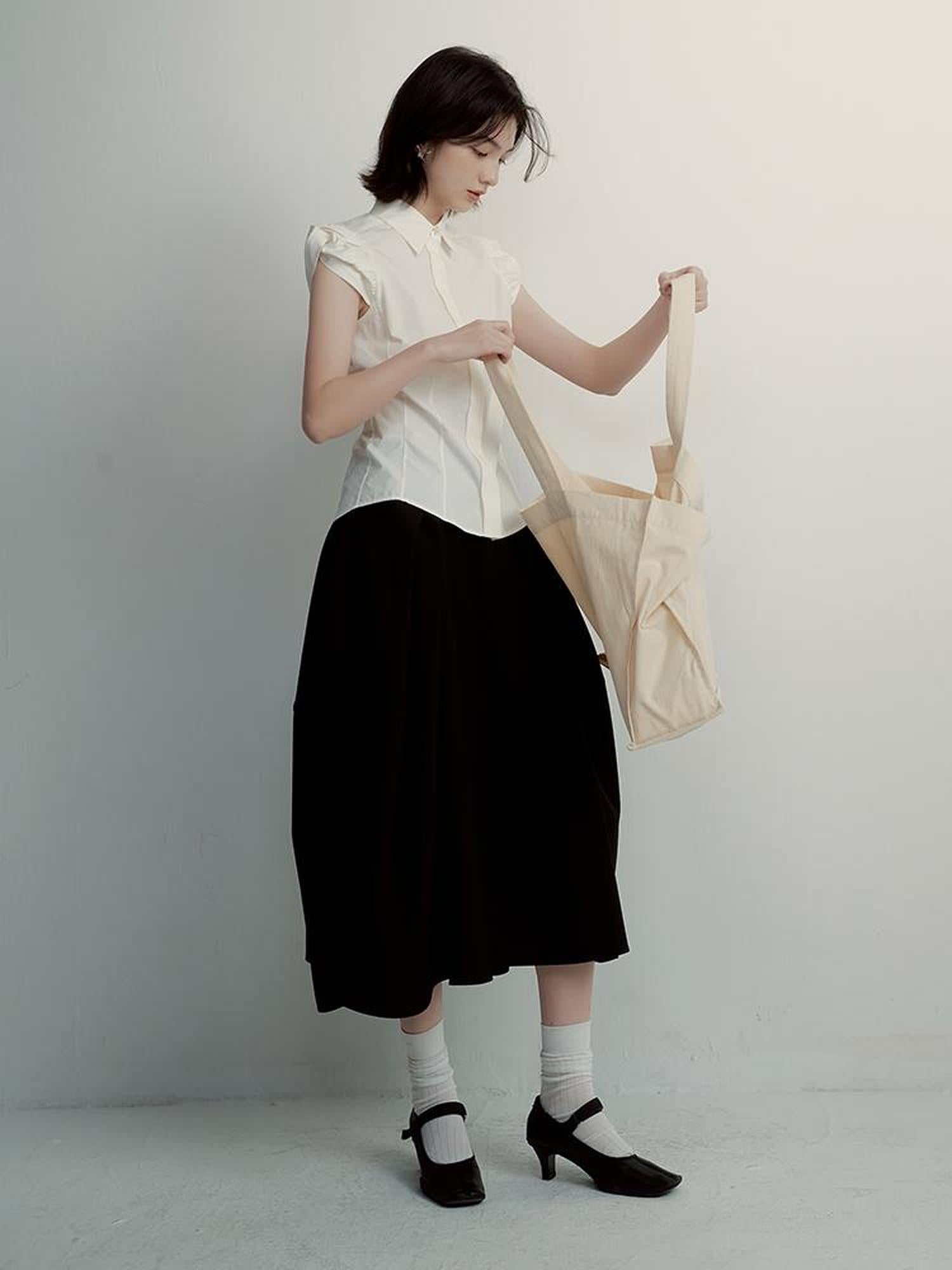 FUSSED Tencel Cotton Blouse With Structured Bloom Sleeves In Sand Beige