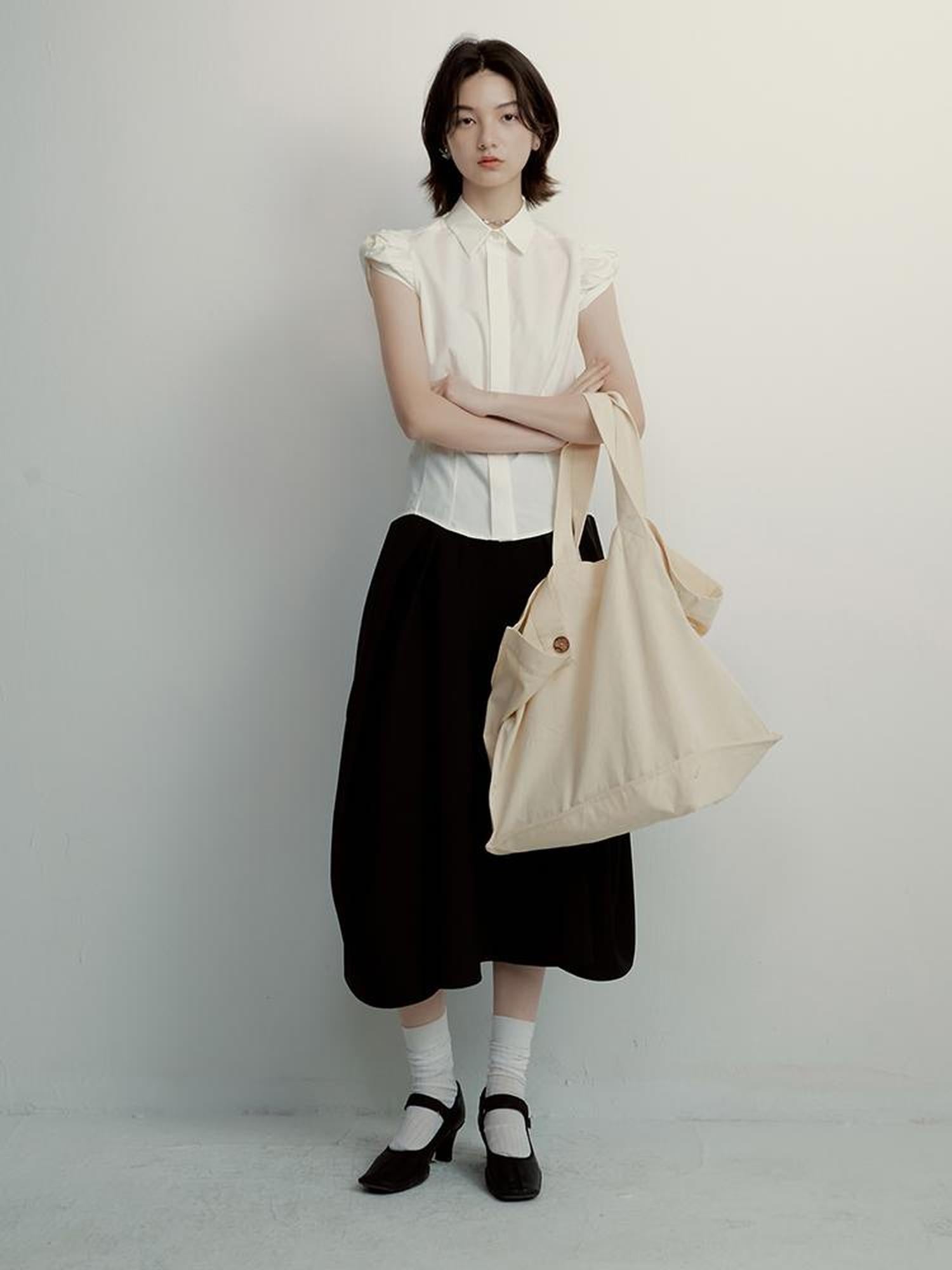 FUSSED Tencel Cotton Blouse With Structured Bloom Sleeves In Sand Beige