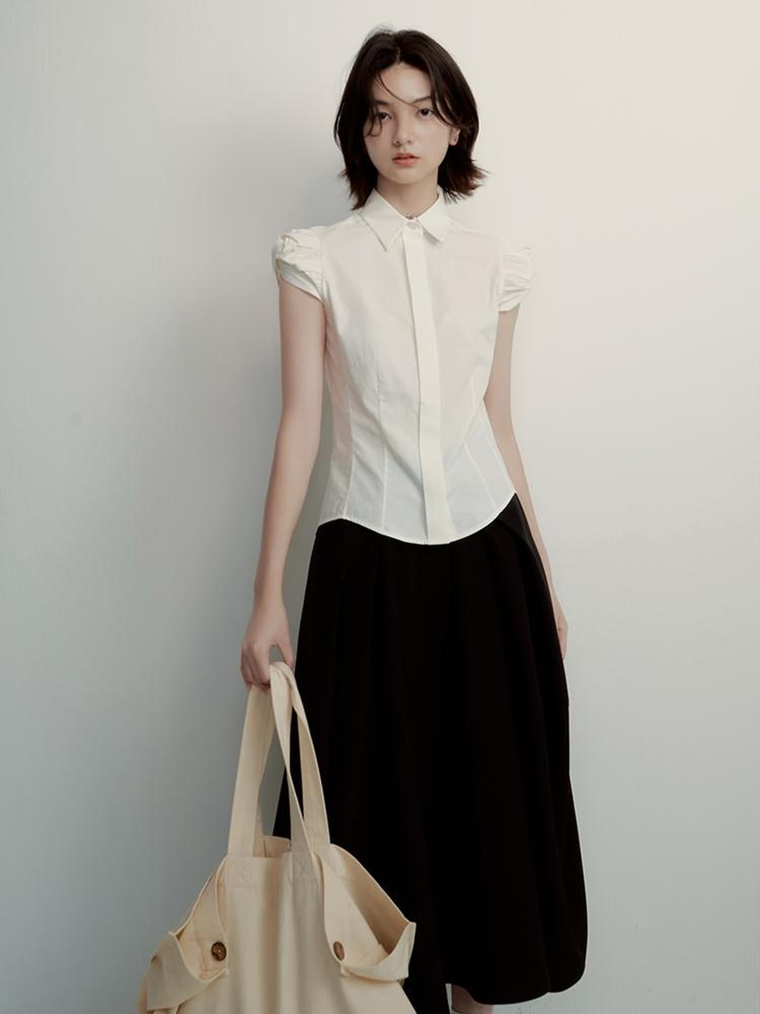 FUSSED Tencel Cotton Blouse With Structured Bloom Sleeves In Sand Beige