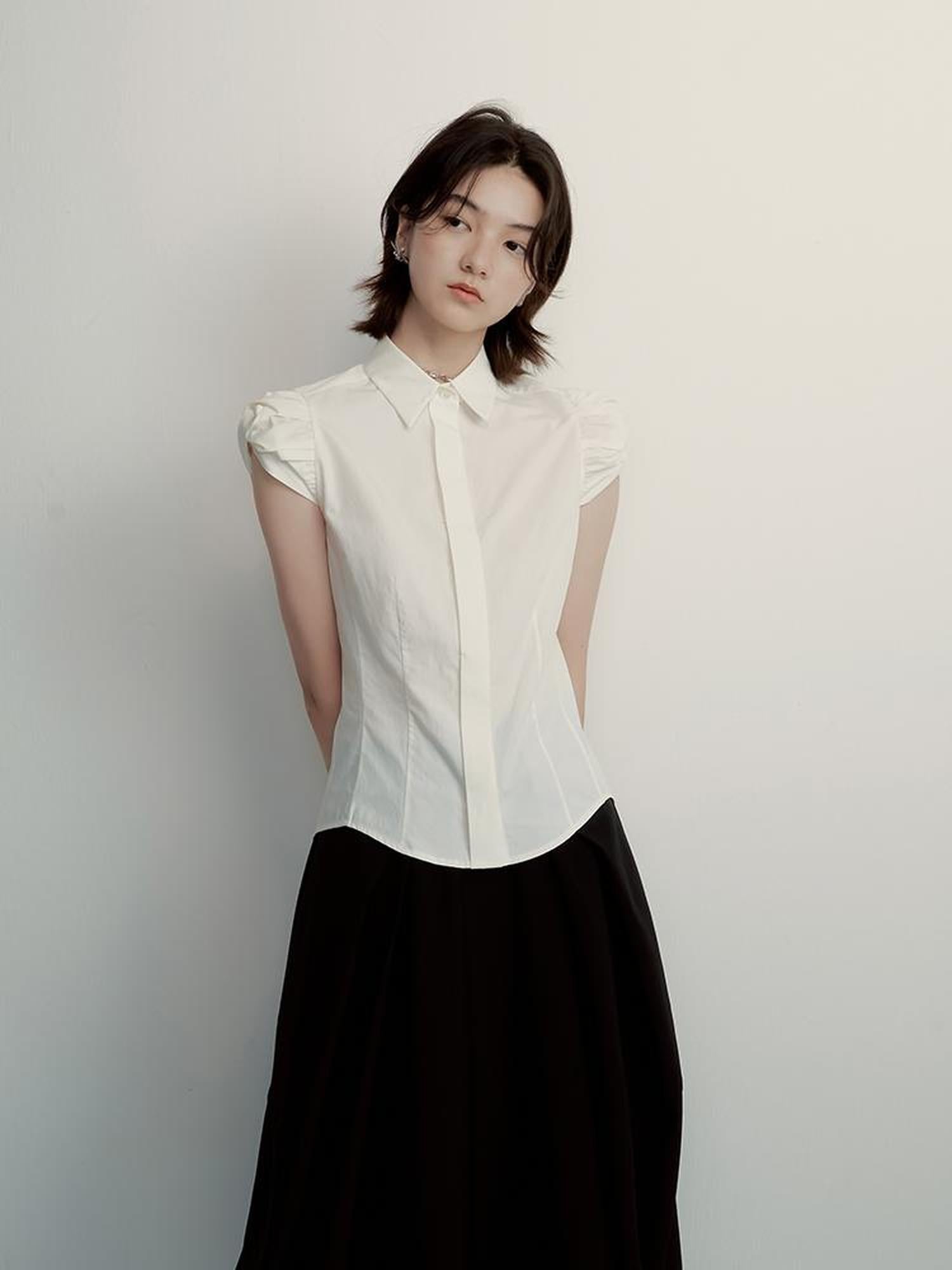 FUSSED Tencel Cotton Blouse With Structured Bloom Sleeves In Sand Beige