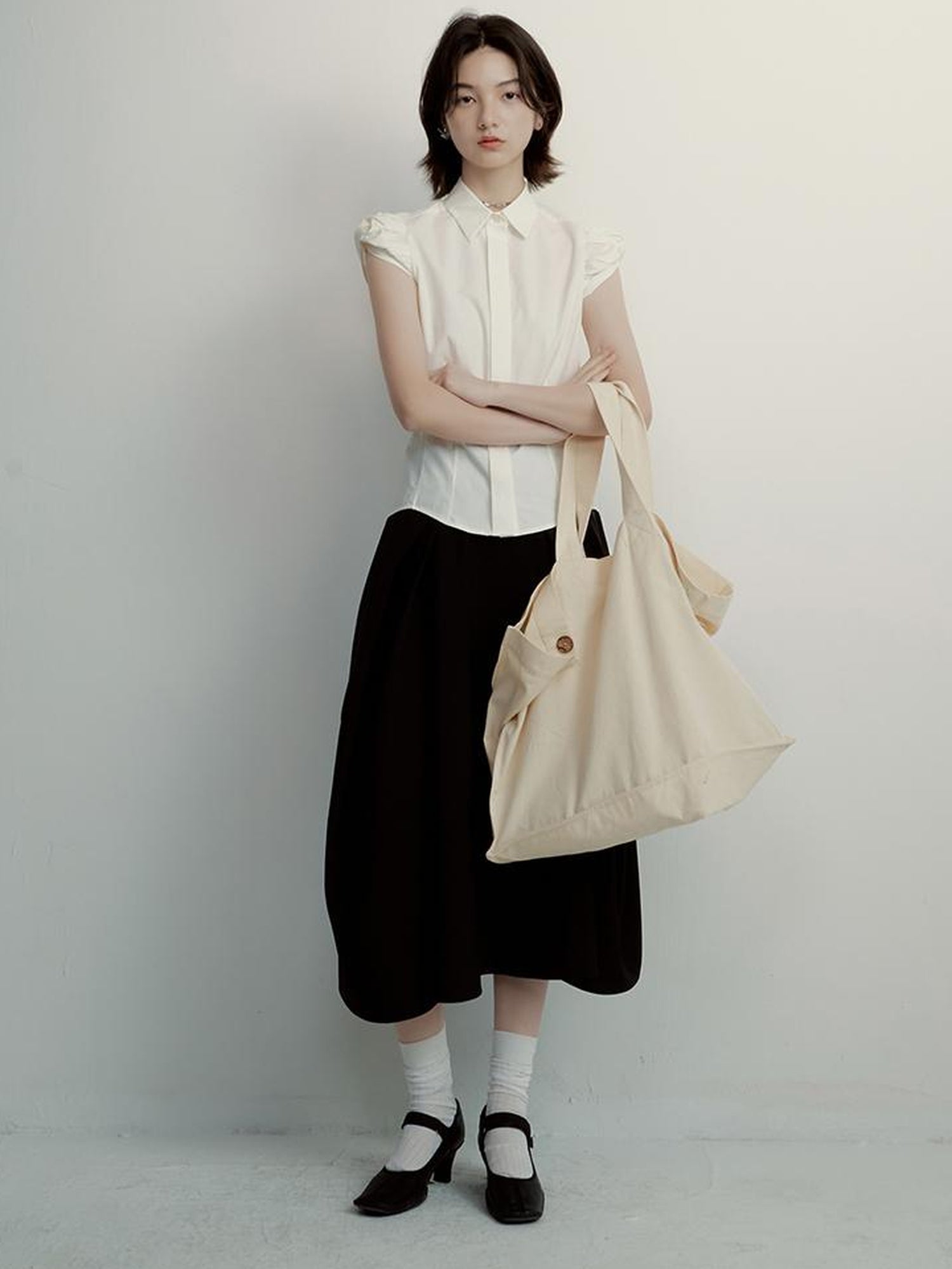 FUSSED Tencel Cotton Blouse With Structured Bloom Sleeves In Sand Beige