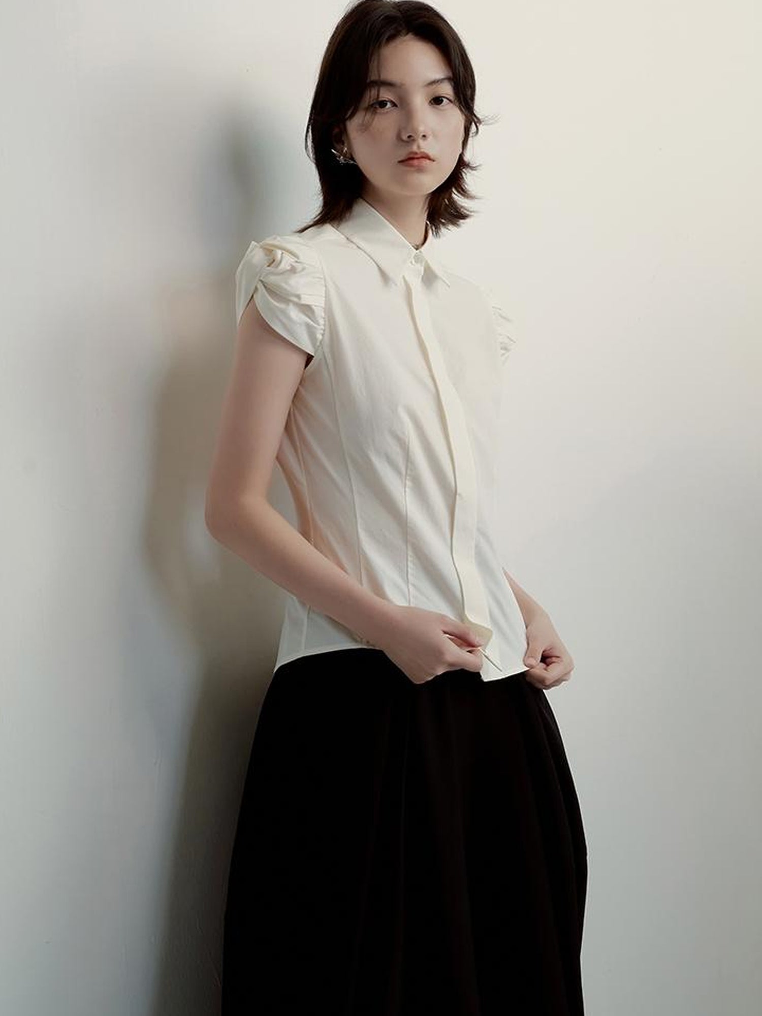 FUSSED Tencel Cotton Blouse With Structured Bloom Sleeves In Sand Beige