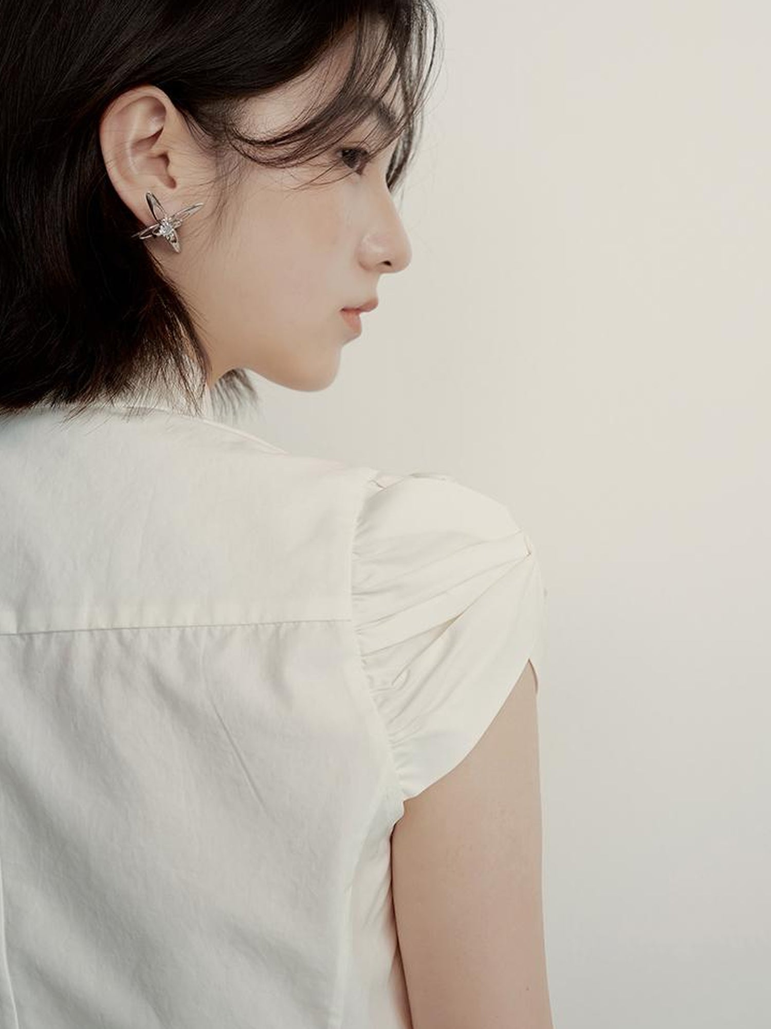 FUSSED Tencel Cotton Blouse With Structured Bloom Sleeves In Sand Beige