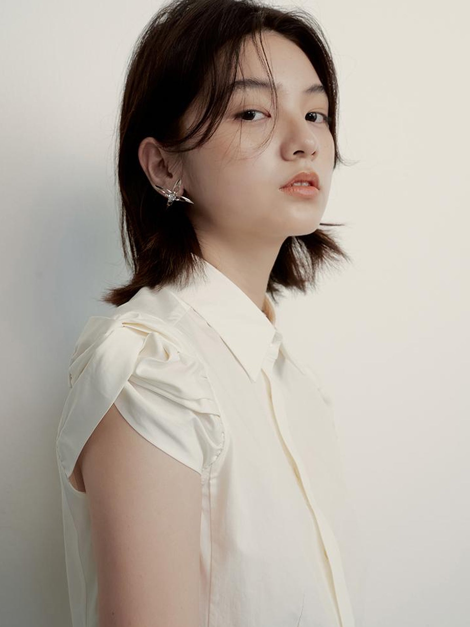 FUSSED Tencel Cotton Blouse With Structured Bloom Sleeves In Sand Beige