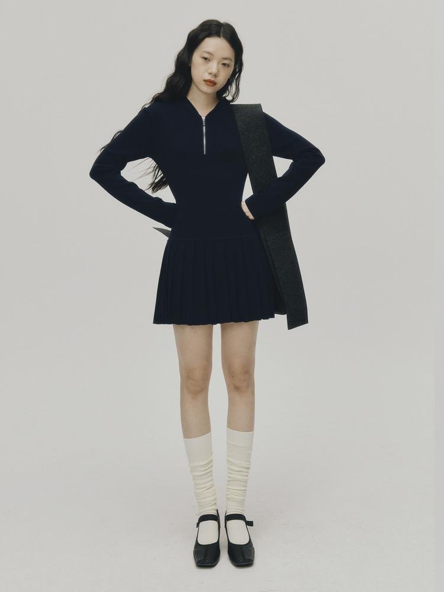 FUSSED Tennis Hoodie Dress With Pleats In Navy Blue