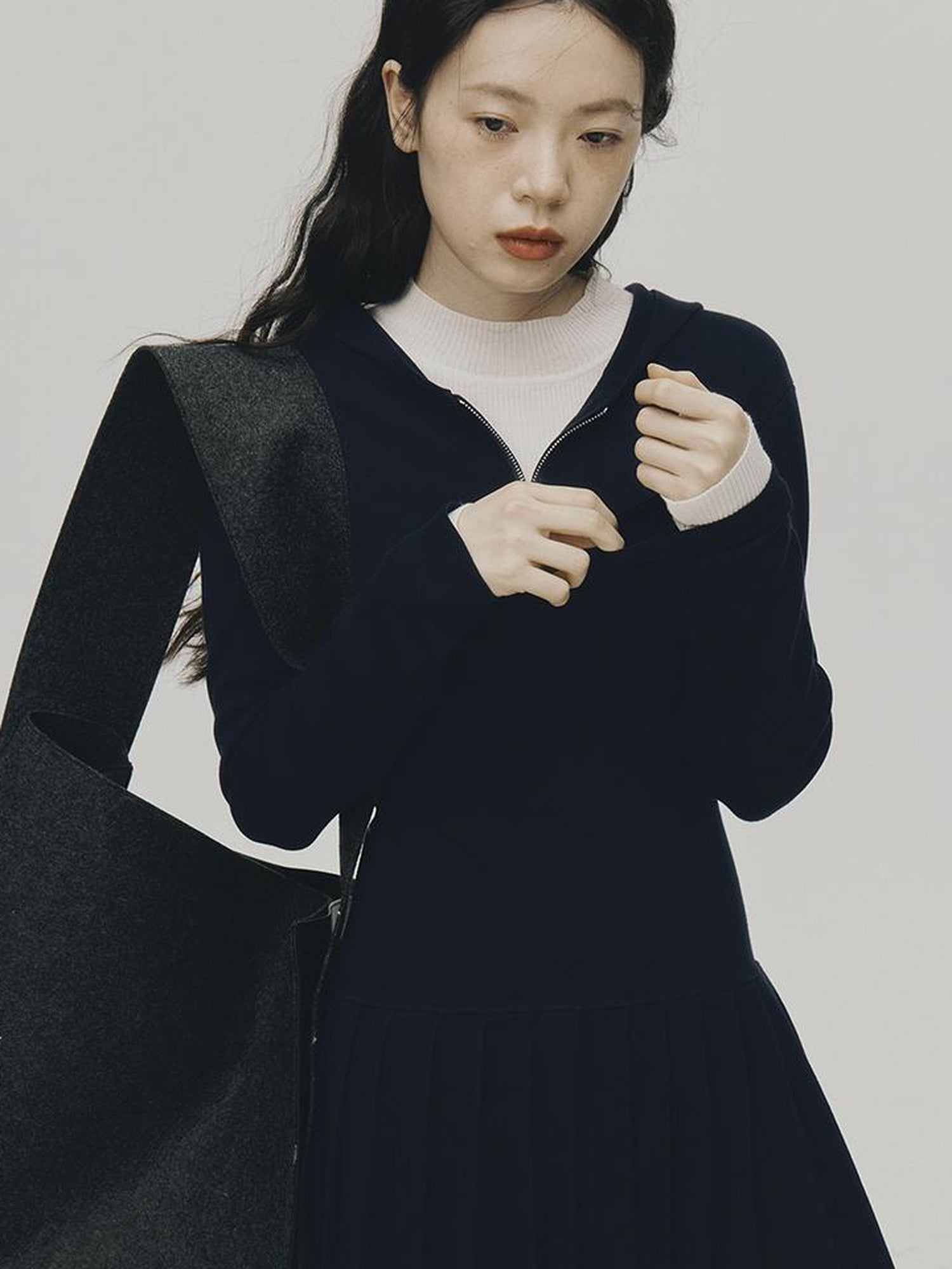 FUSSED Tennis Hoodie Dress With Pleats In Navy Blue