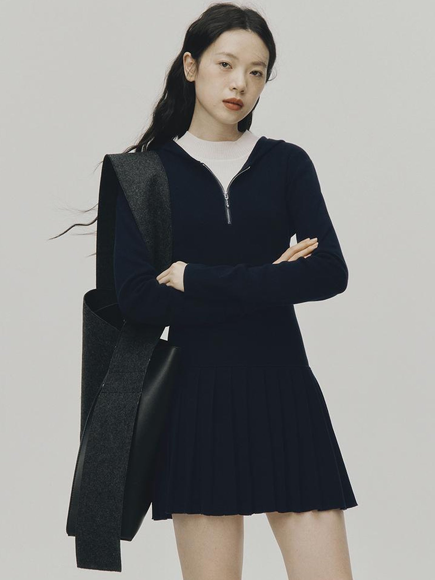 FUSSED Tennis Hoodie Dress With Pleats In Navy Blue