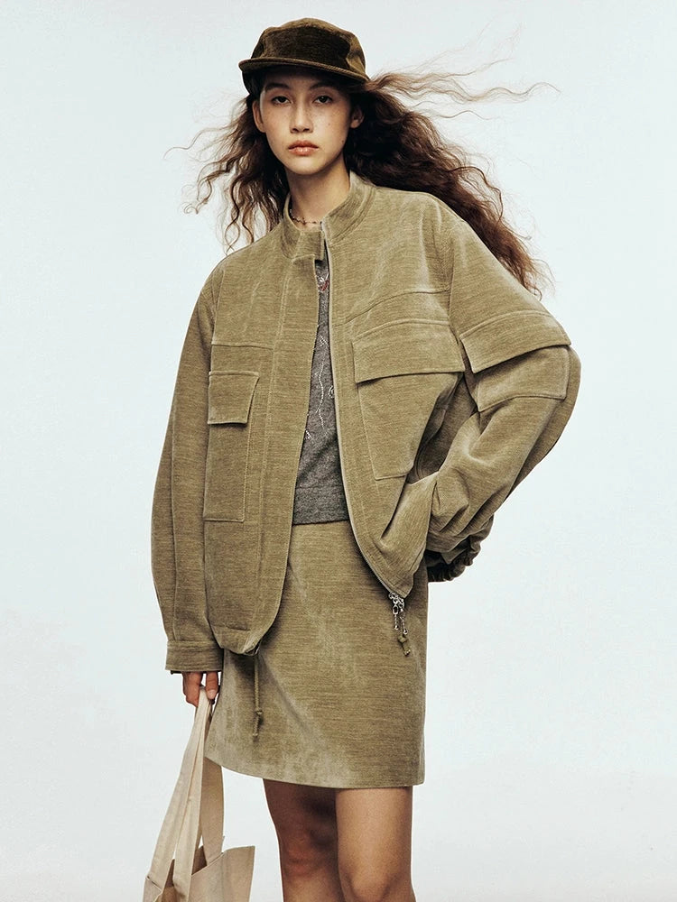 Textured Corduroy Deconstructed Panel Cedar Green Jacket