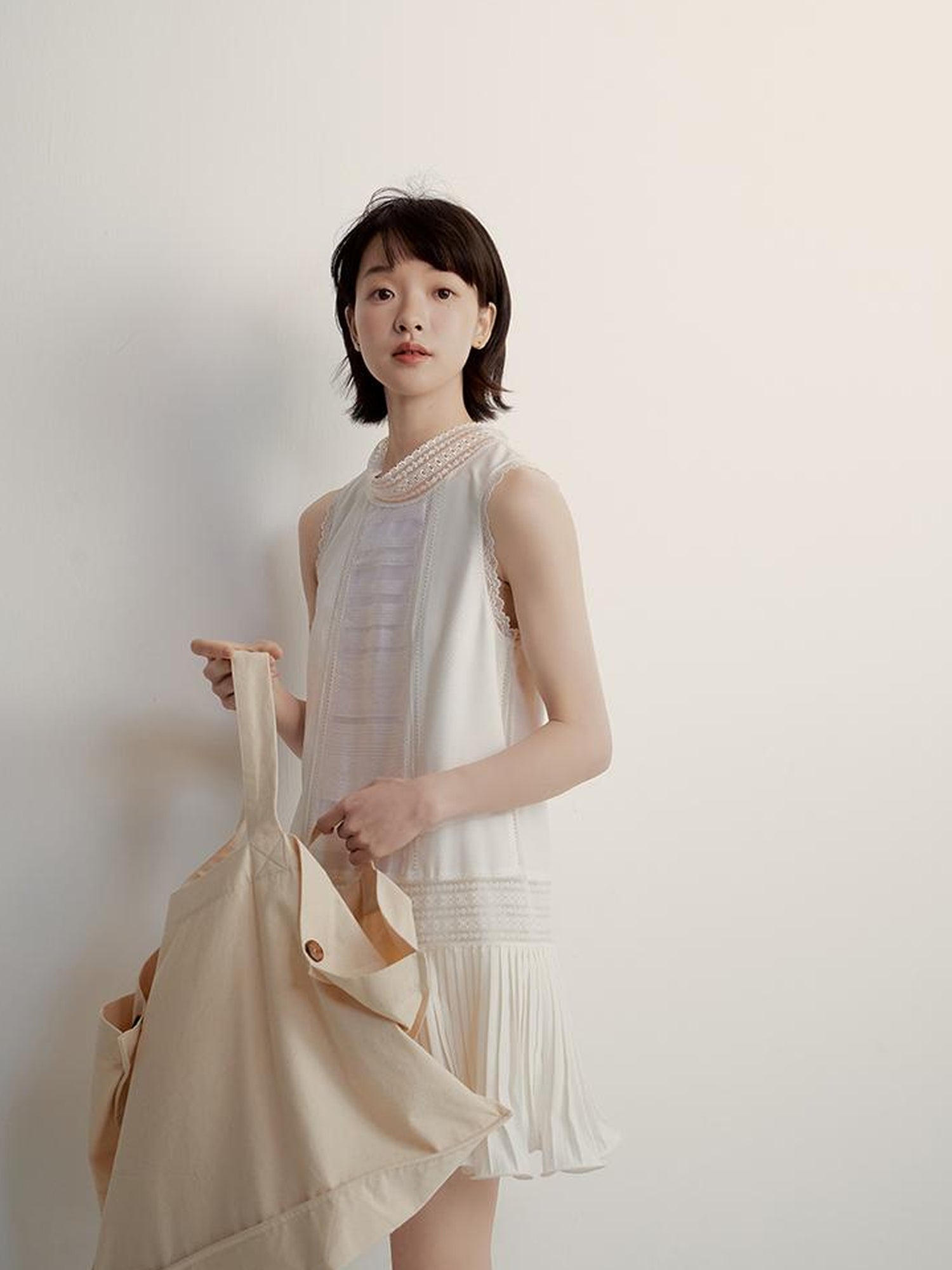 FUSSED Textured Lace Paneled Pleated College Dress V Neck T Shirt Long Sleeve