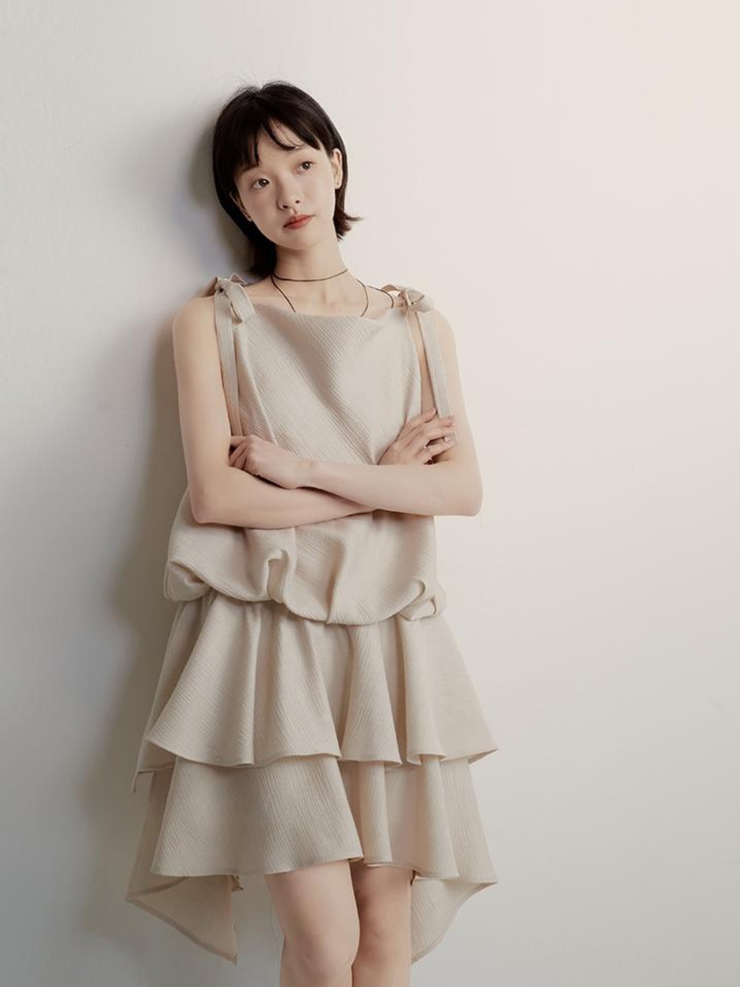 FUSSED Textured Peach Slub A Line Slip Dress With Adjustable Straps