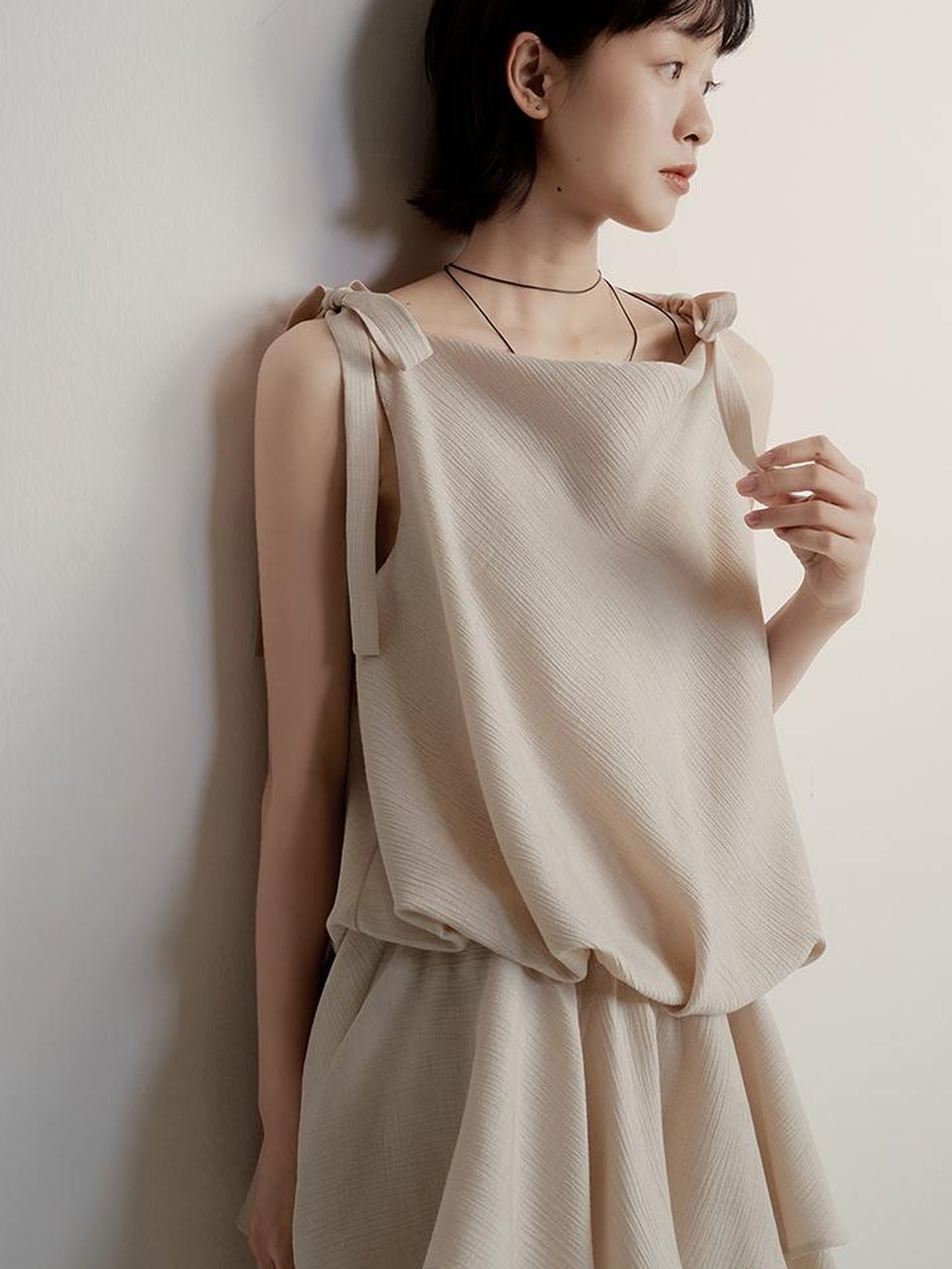 FUSSED Textured Peach Slub A Line Slip Dress With Adjustable Straps