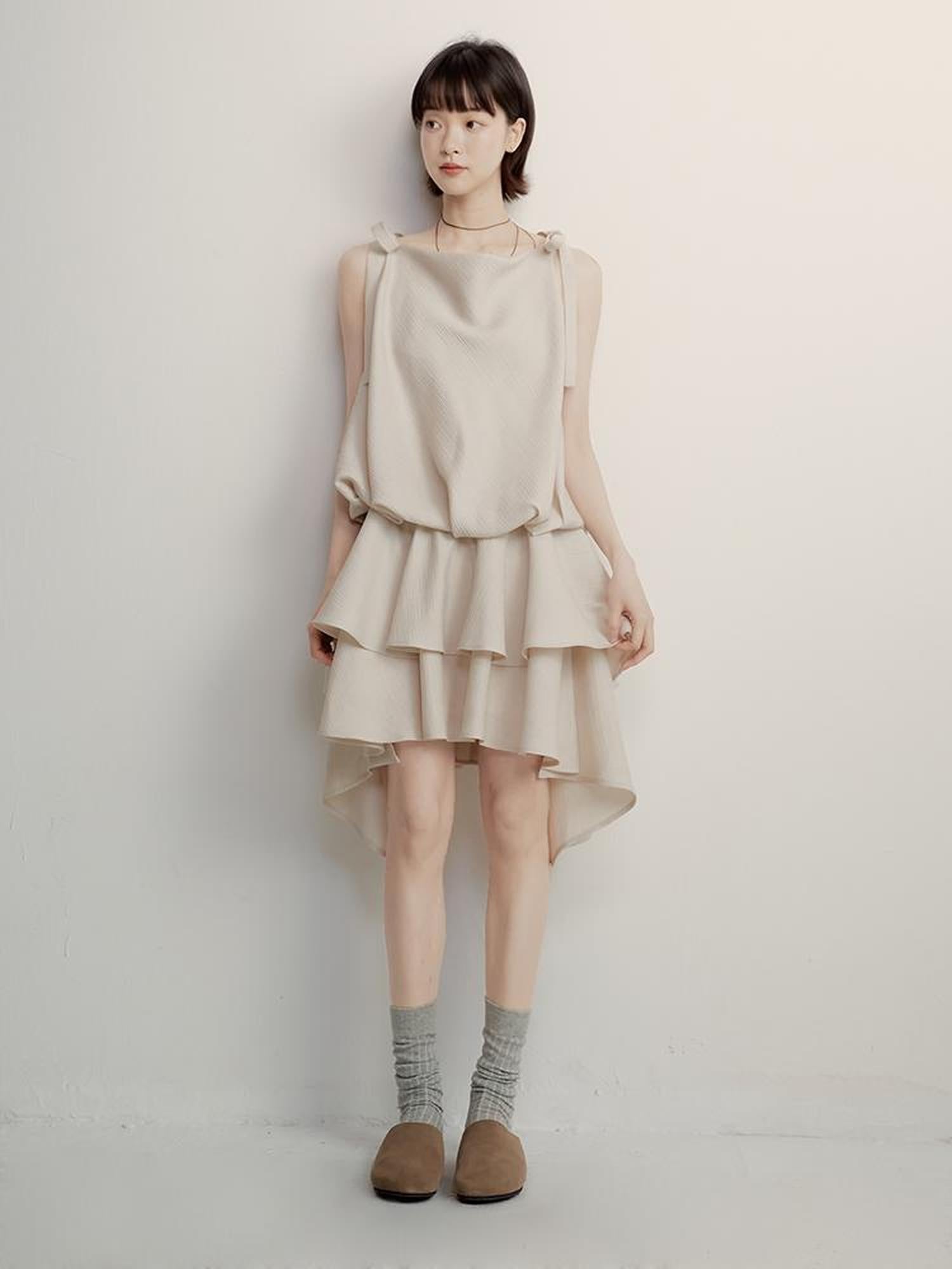 FUSSED Textured Peach Slub A Line Slip Dress With Adjustable Straps