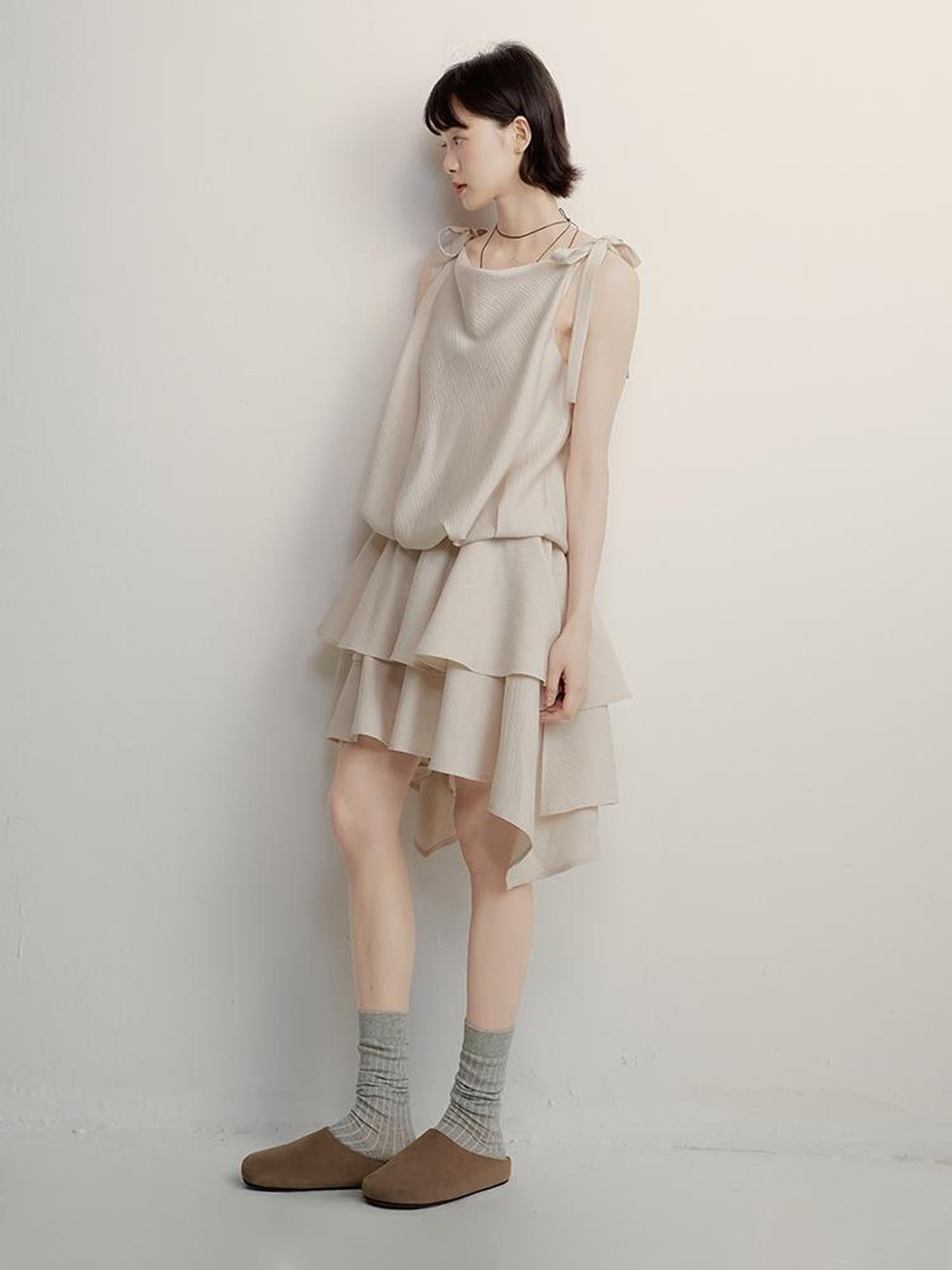 FUSSED Textured Peach Slub A Line Slip Dress With Adjustable Straps