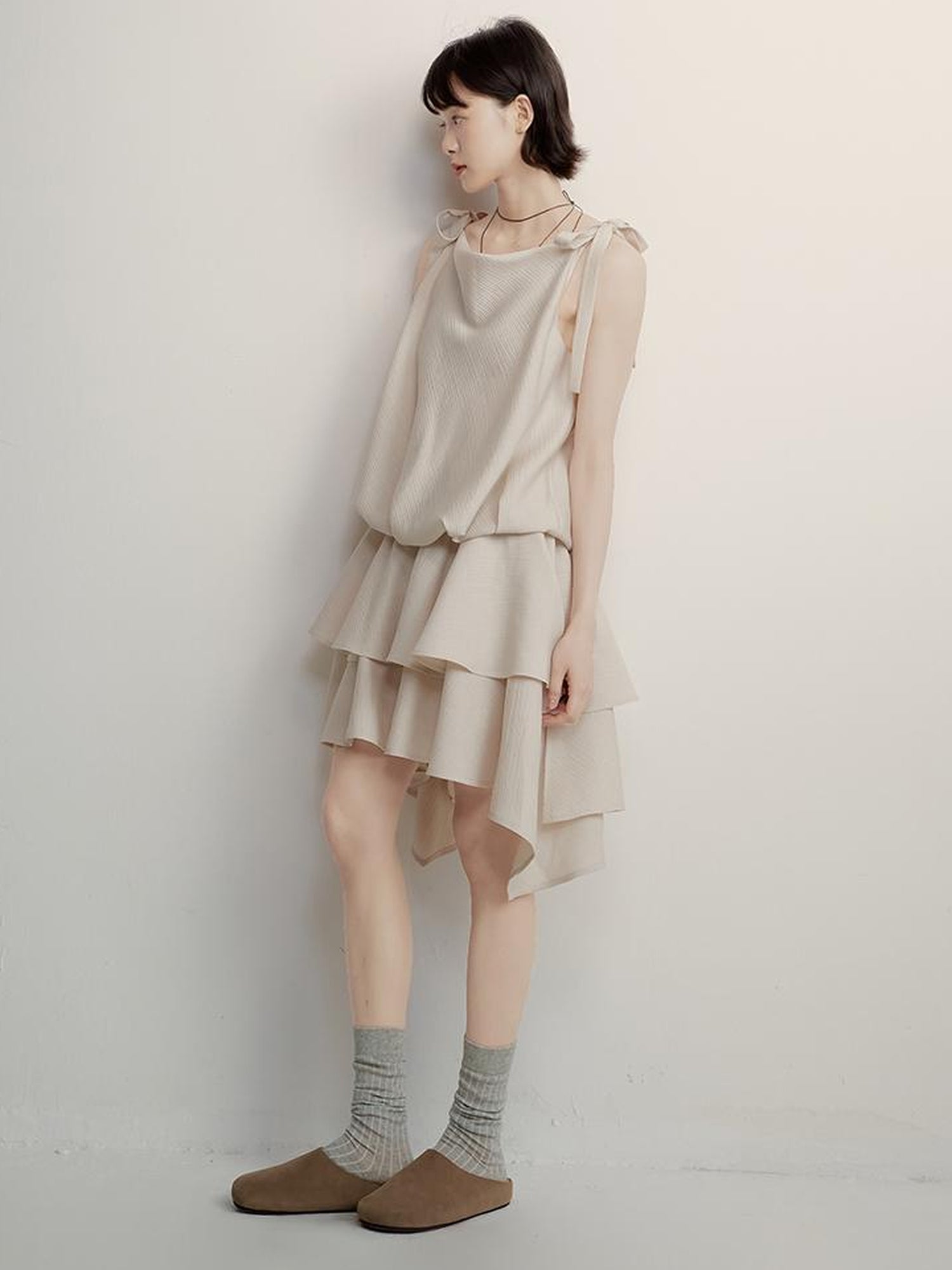 FUSSED Textured Peach Slub A Line Slip Dress With Adjustable Straps