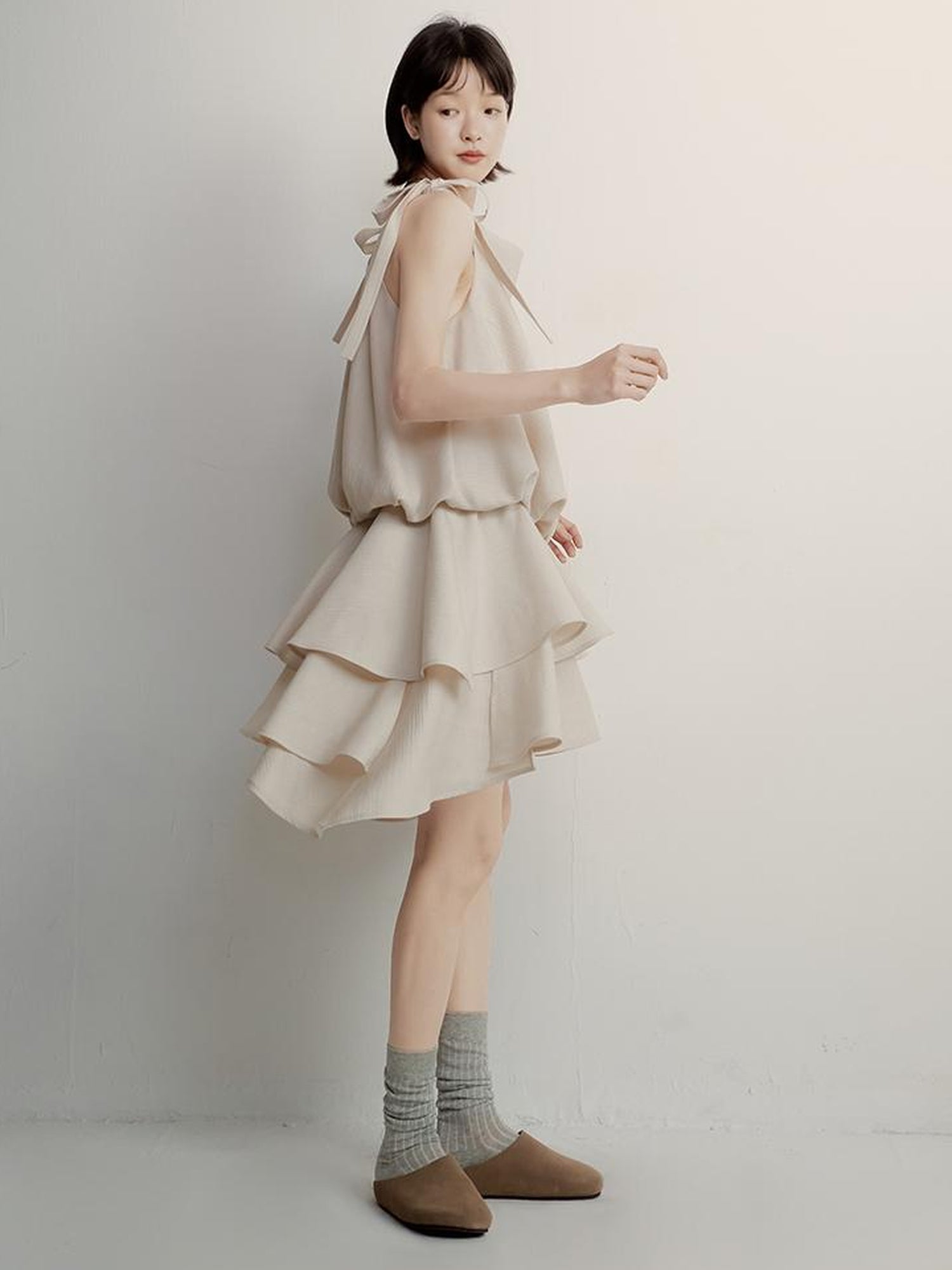 FUSSED Textured Peach Slub A Line Slip Dress With Adjustable Straps