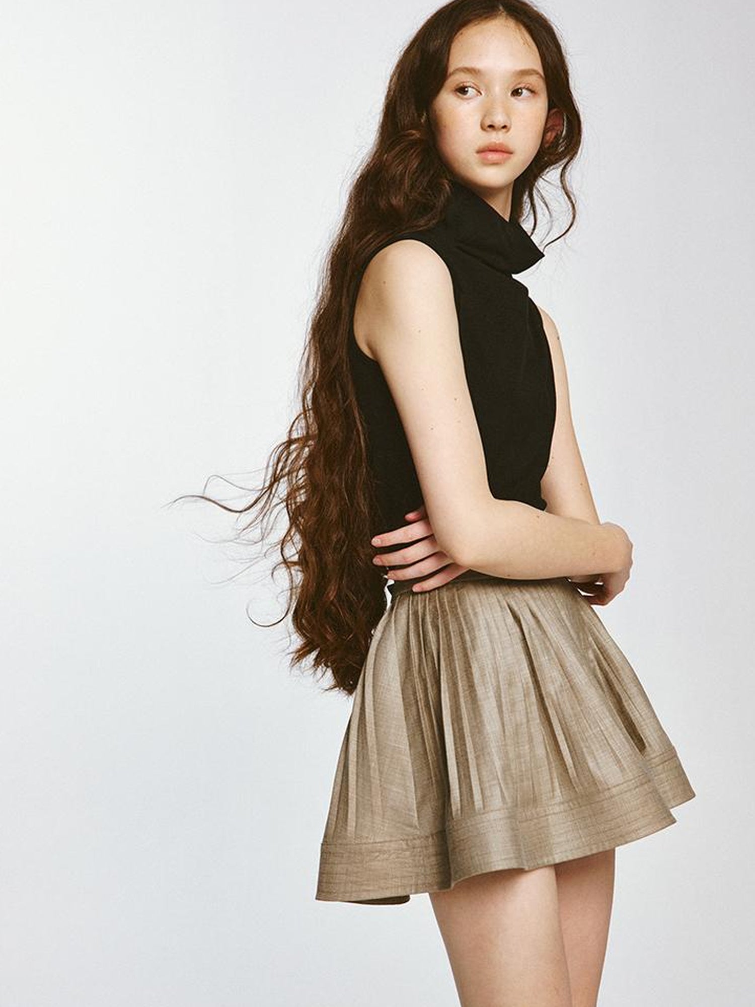 FUSSED Textured Pleated Midi Skirt Misty Brown