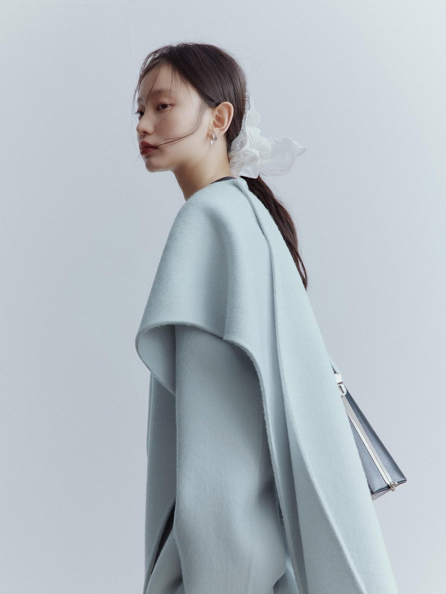 FUSSED Thick Cozy Tie Waist Loose Fit Commuter Round Neck Women Baby Blue Coat