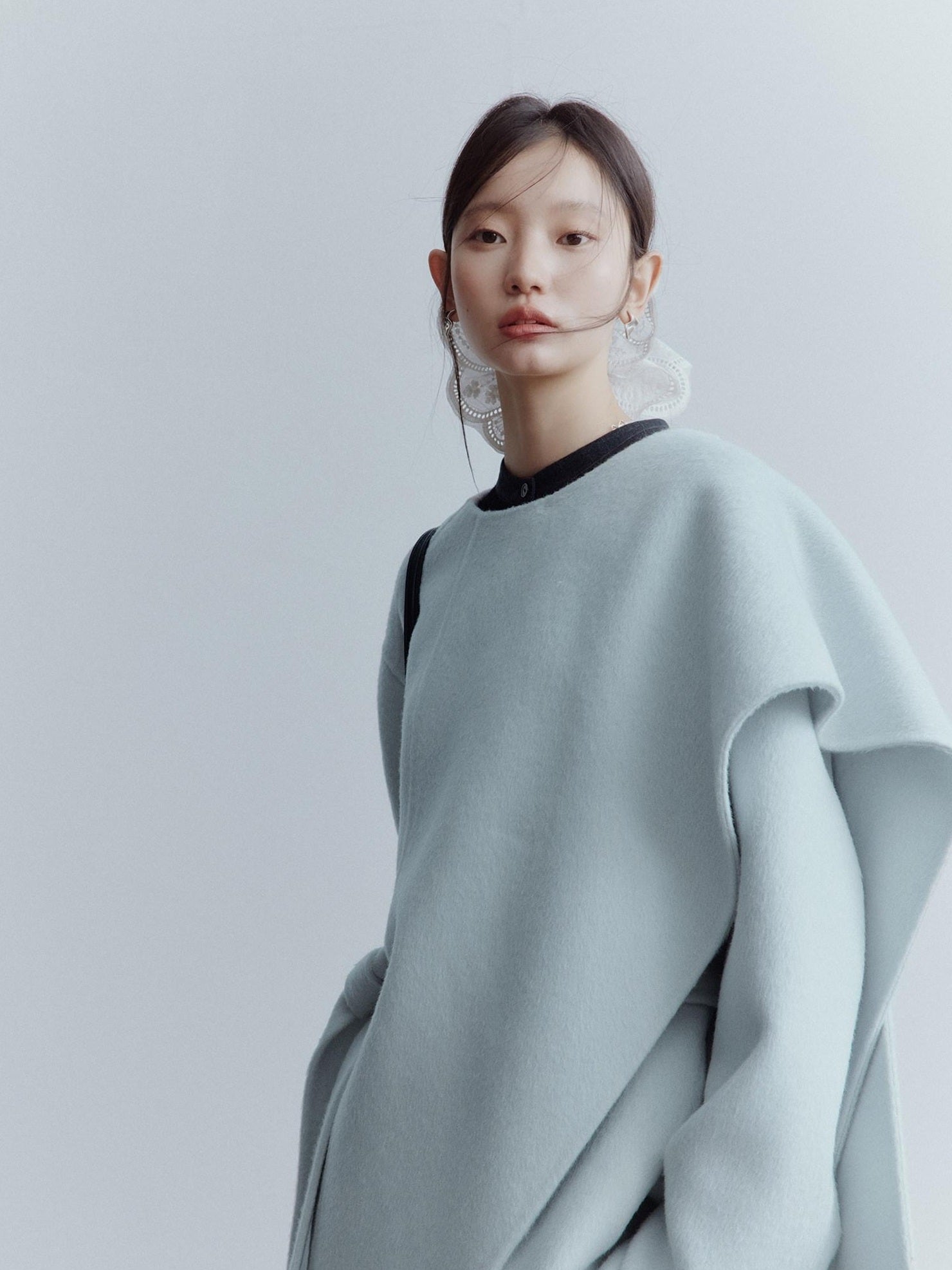 FUSSED Thick Cozy Tie Waist Loose Fit Commuter Round Neck Women Baby Blue Coat