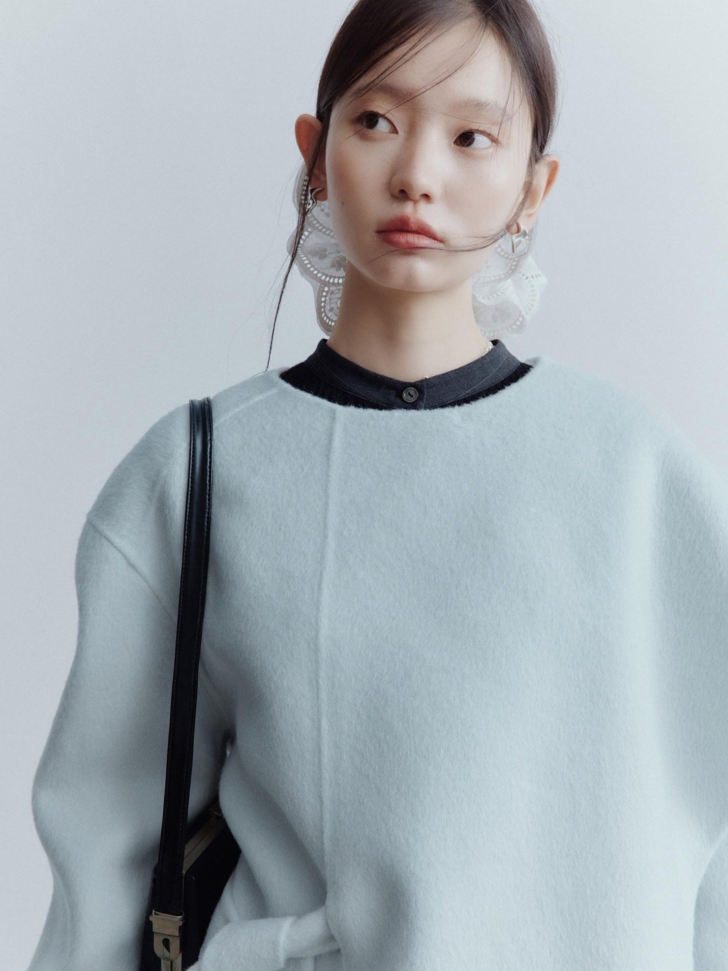 FUSSED Thick Cozy Tie Waist Loose Fit Commuter Round Neck Women Baby Blue Coat