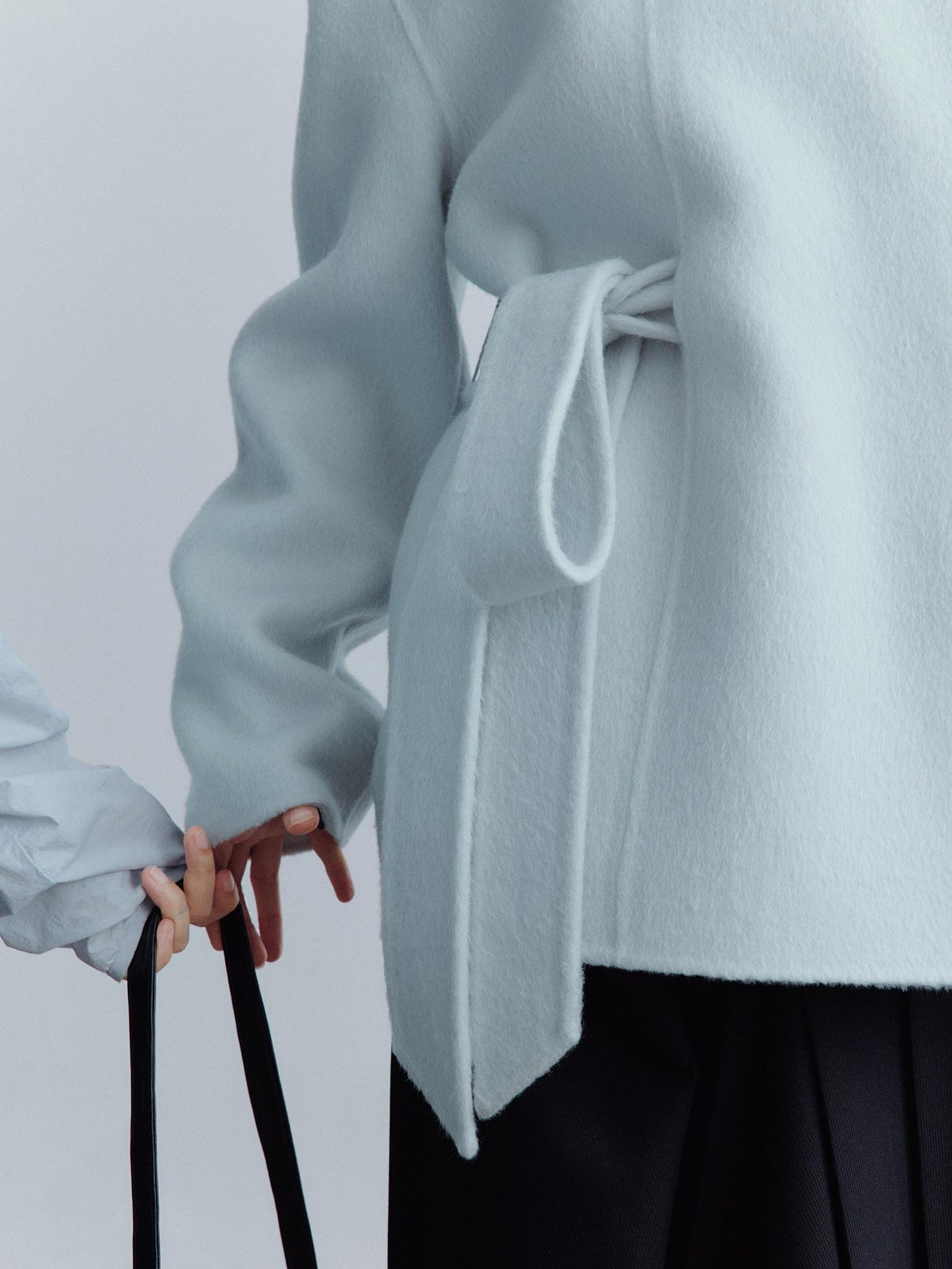 FUSSED Thick Cozy Tie Waist Loose Fit Commuter Round Neck Women Baby Blue Coat