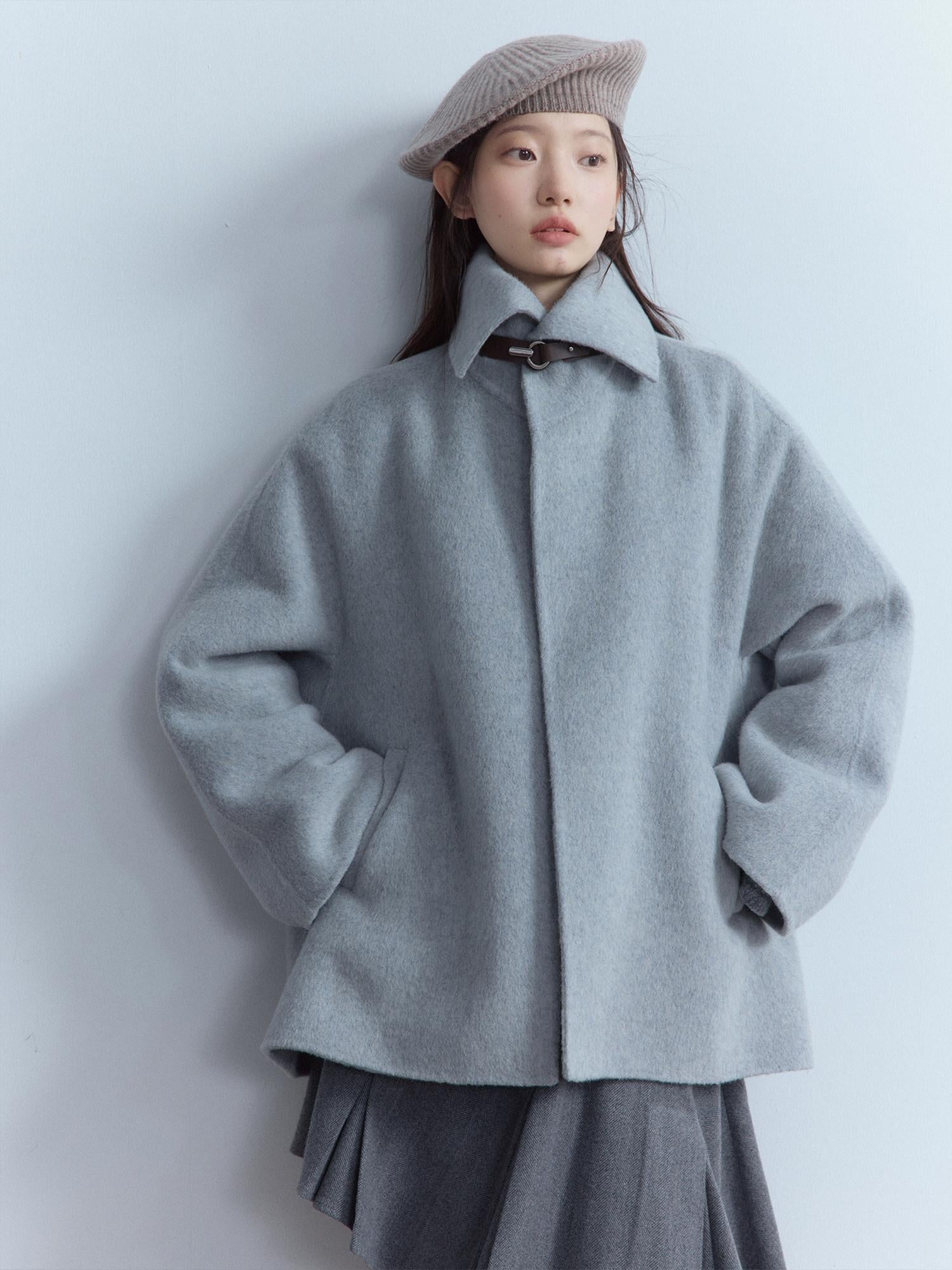FUSSED Thick Loose Cute Collegiate Turn Down Collar One Button Youth Dawn Gray Jacket