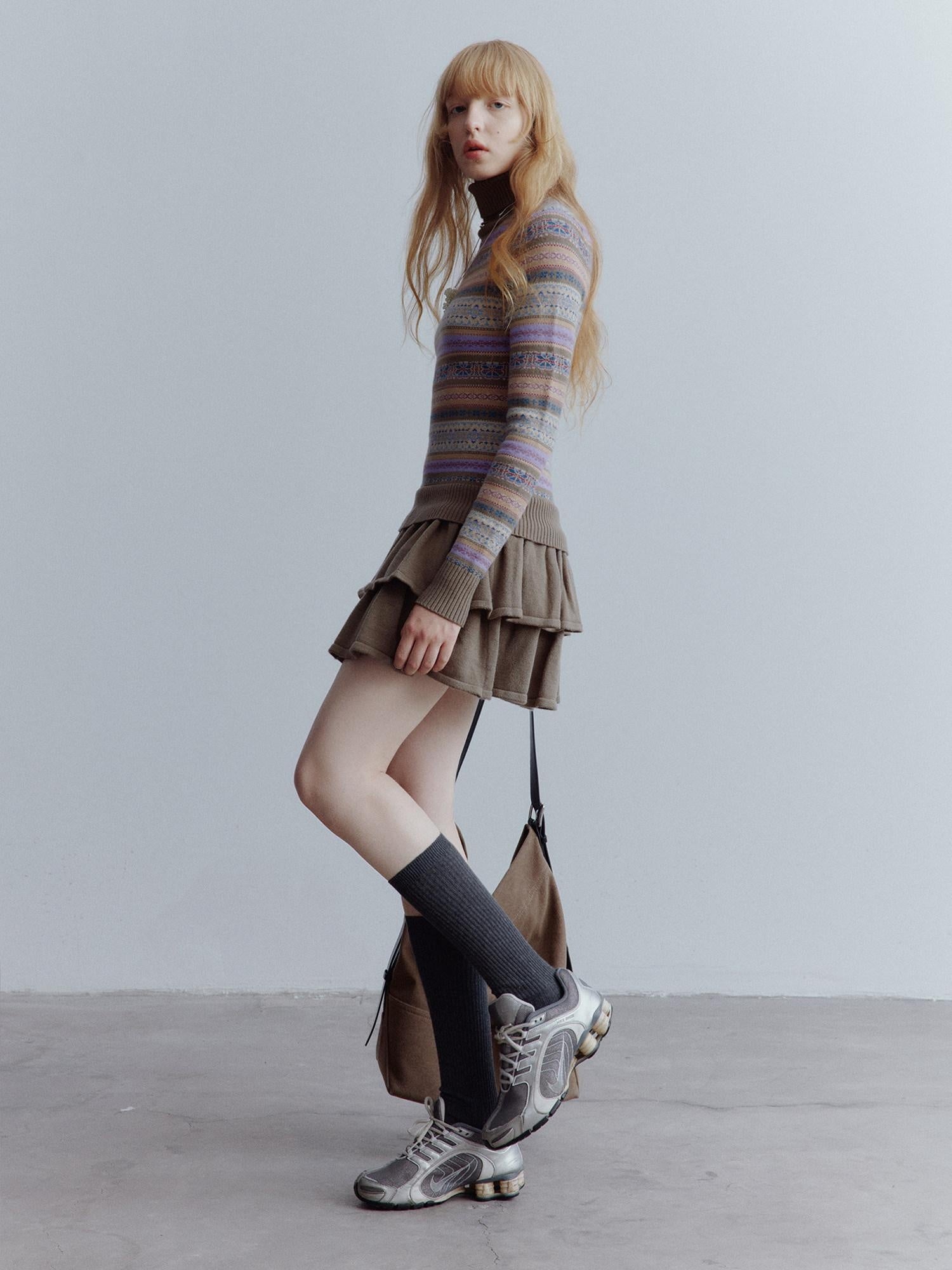 FUSSED Thick Turtleneck Girlish Tiered Slim Fit Low Waist Long Sleeve Mini Dresses