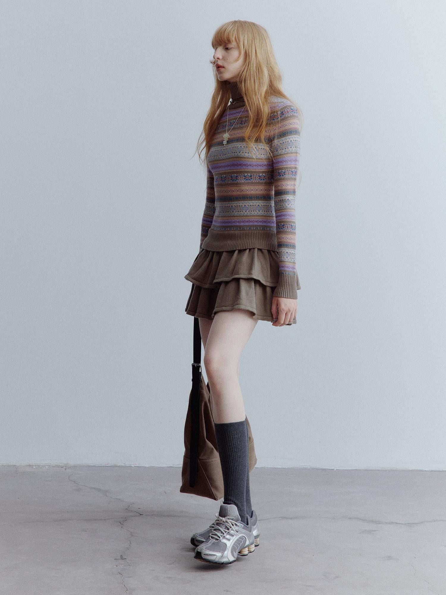 FUSSED Thick Turtleneck Girlish Tiered Slim Fit Low Waist Long Sleeve Mini Dresses