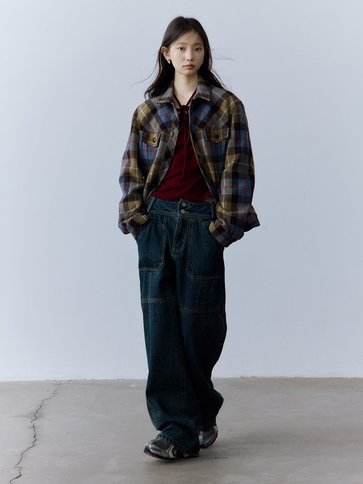 FUSSED Thick Vintage Loose Patchwork Plaid Womens Button Lapel Pockets Jacket