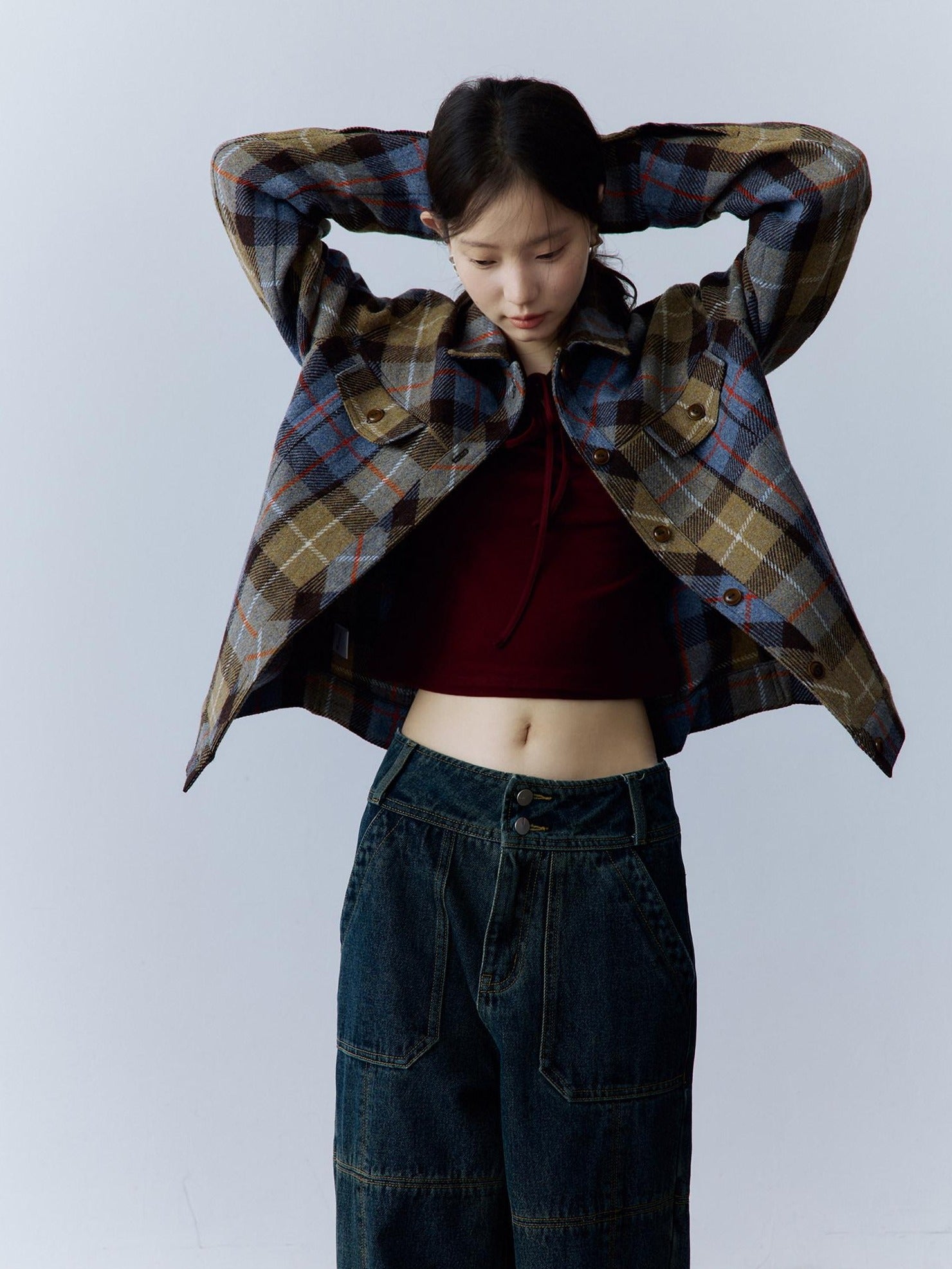 FUSSED Thick Vintage Loose Patchwork Plaid Womens Button Lapel Pockets Jacket