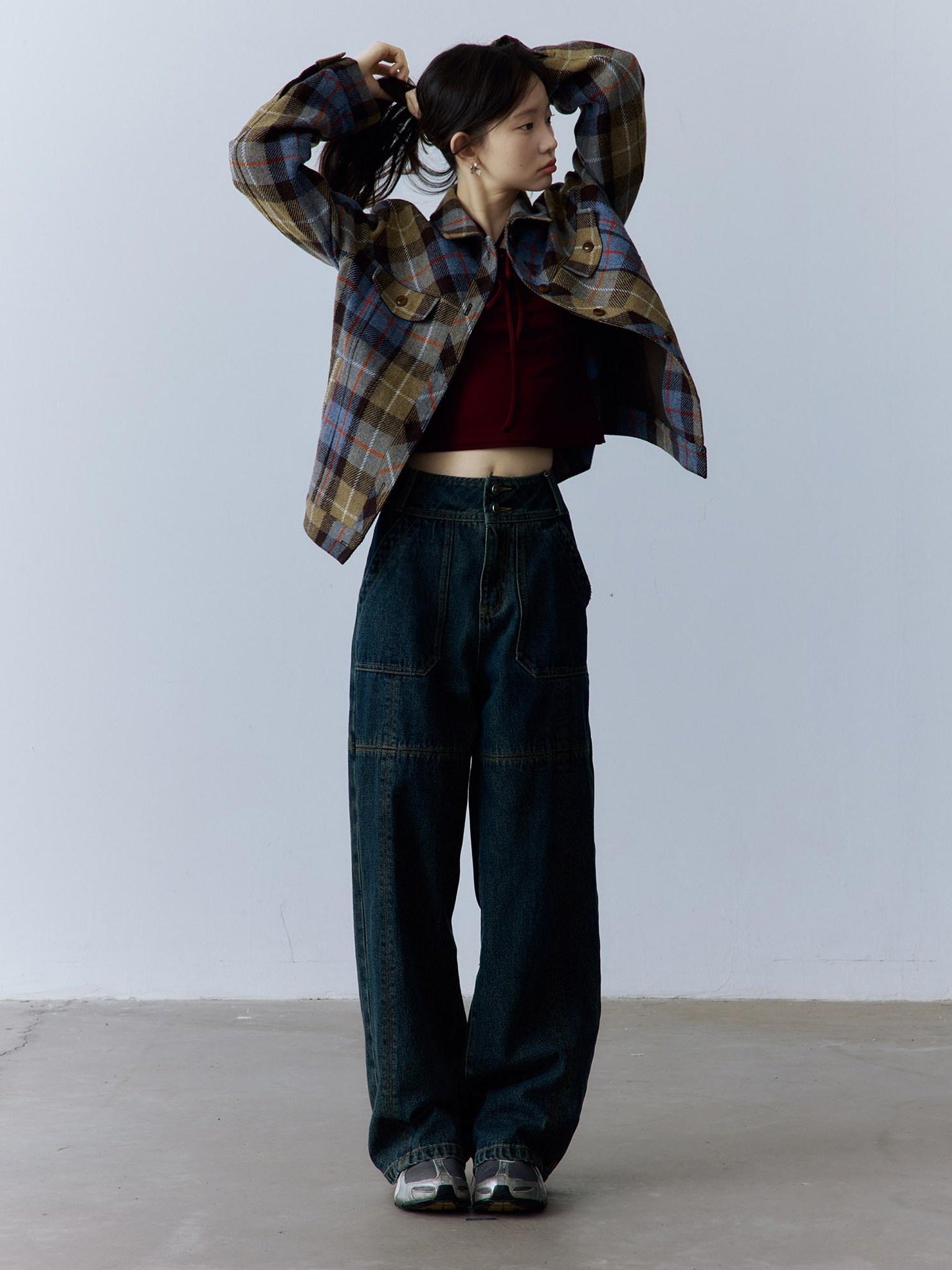 FUSSED Thick Vintage Loose Patchwork Plaid Womens Button Lapel Pockets Jacket