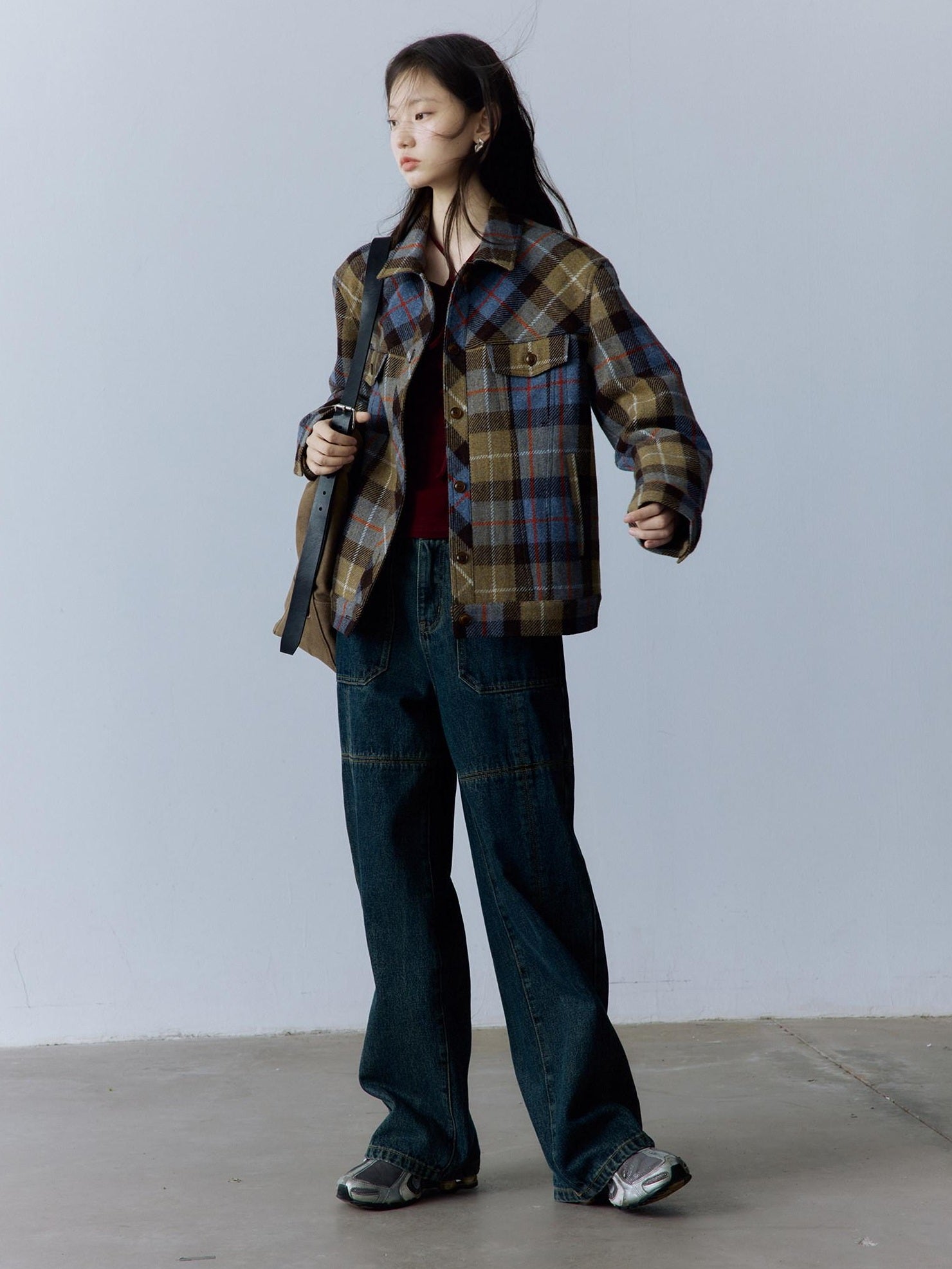 FUSSED Thick Vintage Loose Patchwork Plaid Womens Button Lapel Pockets Jacket