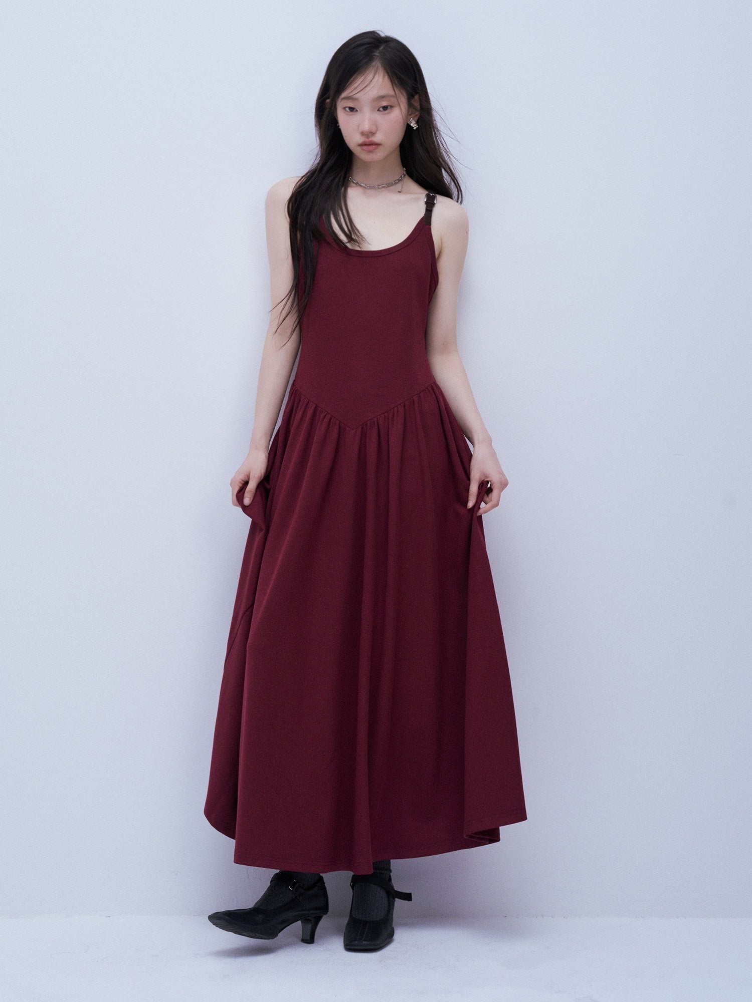 FUSSED_Tricolor_Leather_Buckle_Splice_Shirred_Waist_Women&