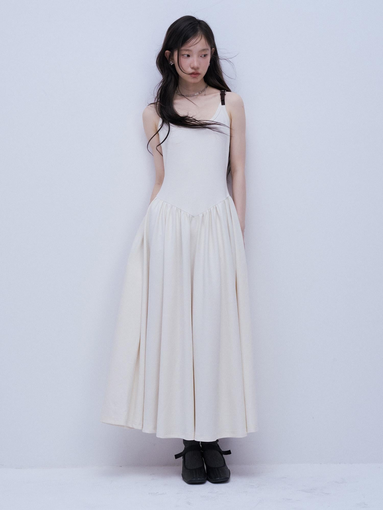 FUSSED Tricolor Leather Buckle Splice Shirred Waist Women&