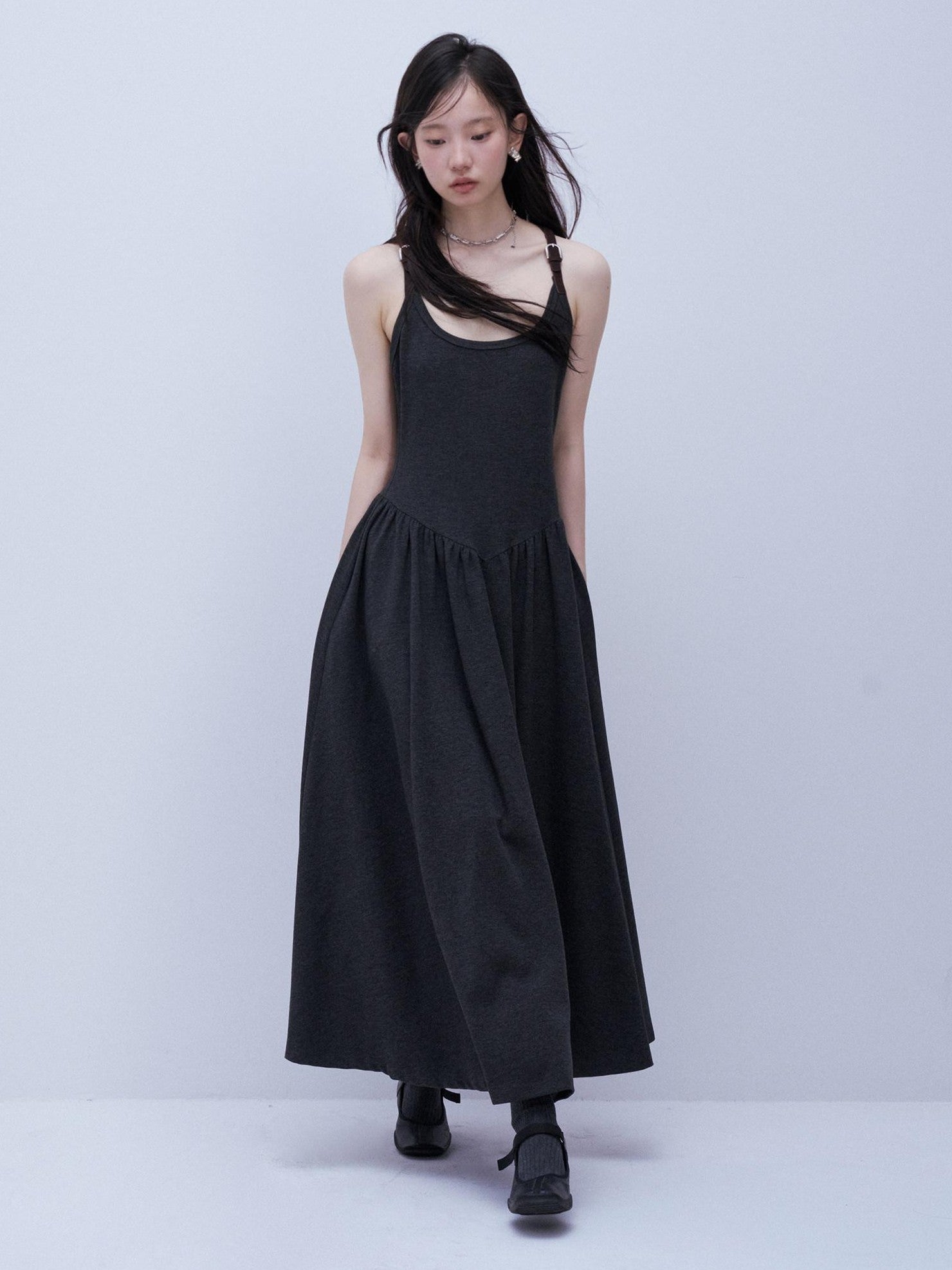 FUSSED Tricolor Leather Buckle Splice Shirred Waist Women&