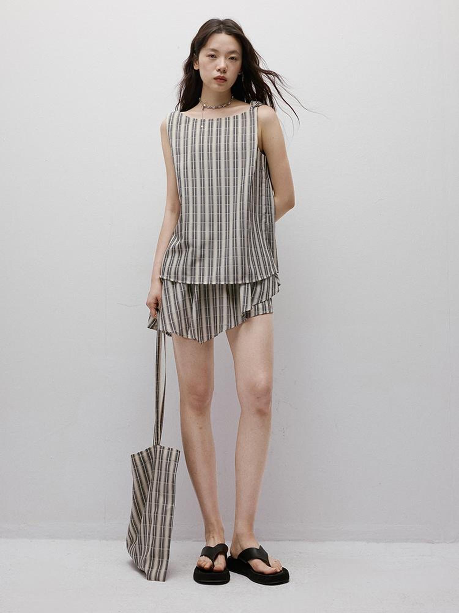 FUSSED Twist Stripe Asymmetrical Resort Set With Geometric Art V-neck T-shirt Long Sleeve