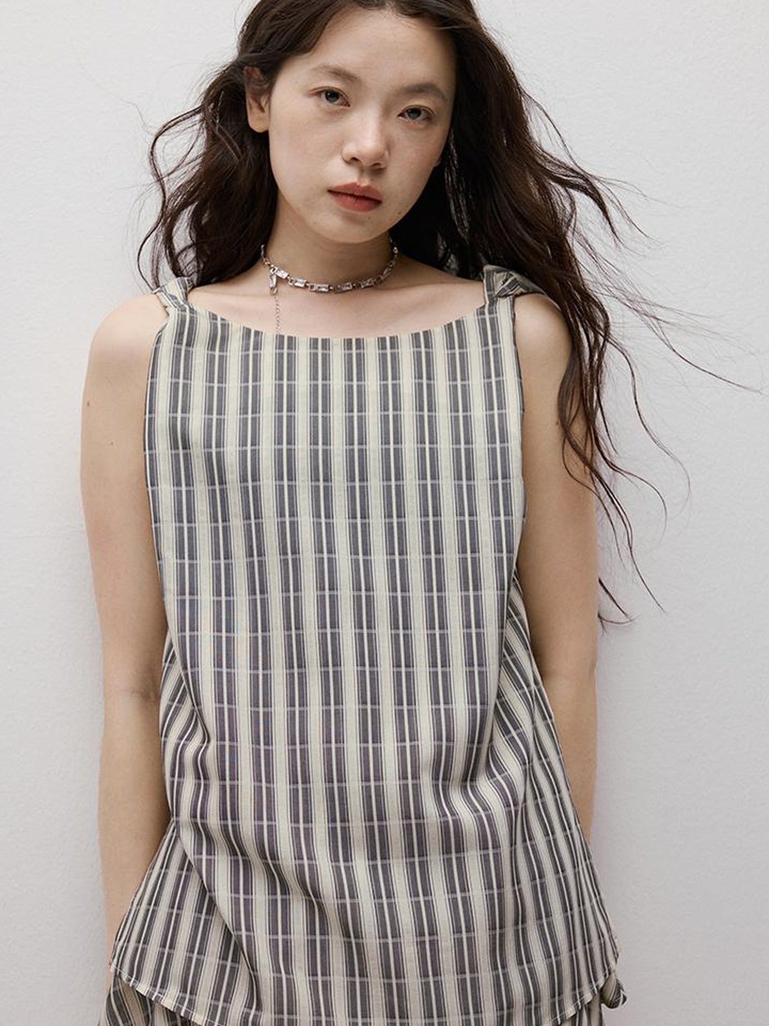 FUSSED Twist Stripe Asymmetrical Resort Set With Geometric Art V Neck T Shirt Long Sleeve